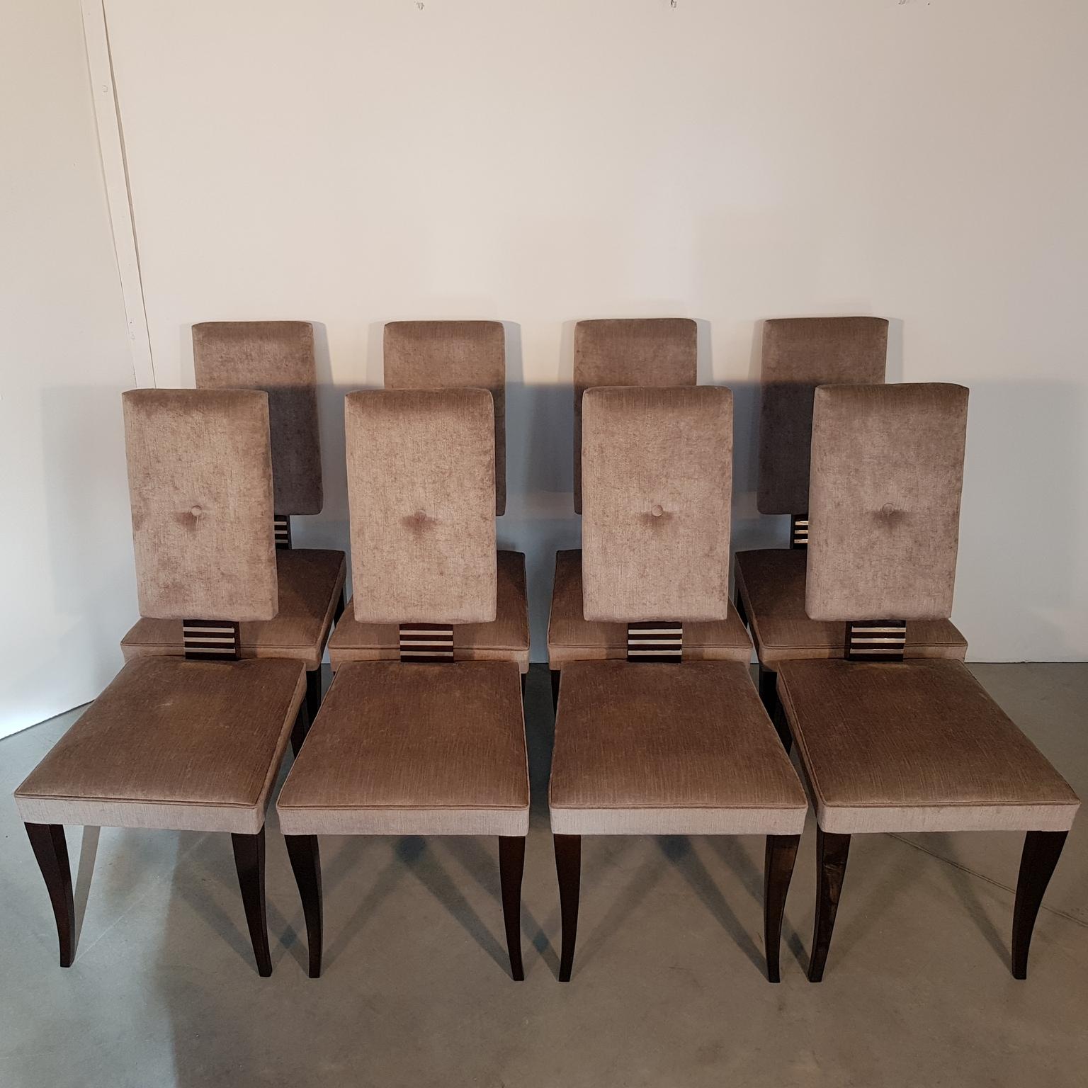 Set of 8 Pieces French Art Deco Dark Walnut Dining Chairs For Sale 4
