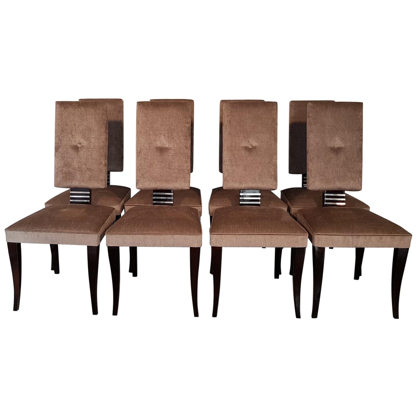 Set of 8 Pieces French Art Deco Dark Walnut Dining Chairs For Sale