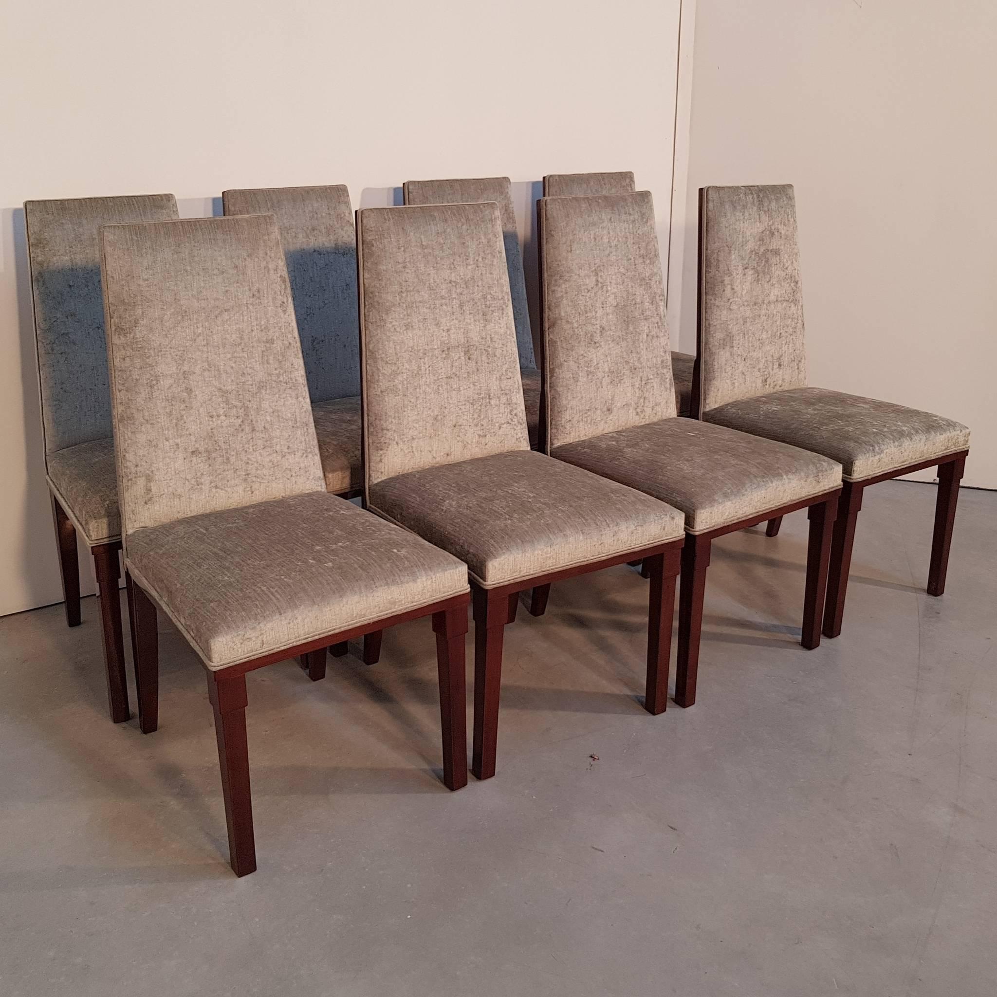 8 pieces unique chairs with newly re-upholstered surfaces, lacquered walnut veneered backside. Art Deco from France, 20th century.