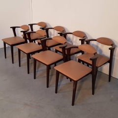 Set of 8 Pieces Italian Walnut Midcentury Dining Chairs with Leather