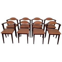 Set of 8 Pieces Italian Walnut Midcentury Dining Chairs with Leather