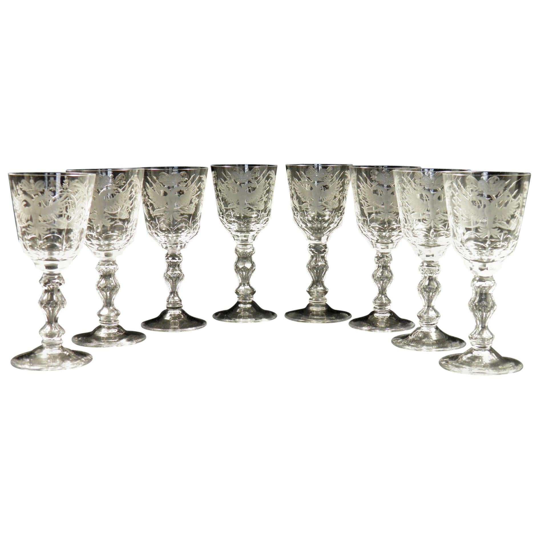 Set of 8 Pieces of Wine Glasses, Tsarist Russian Glass of the 20th Century