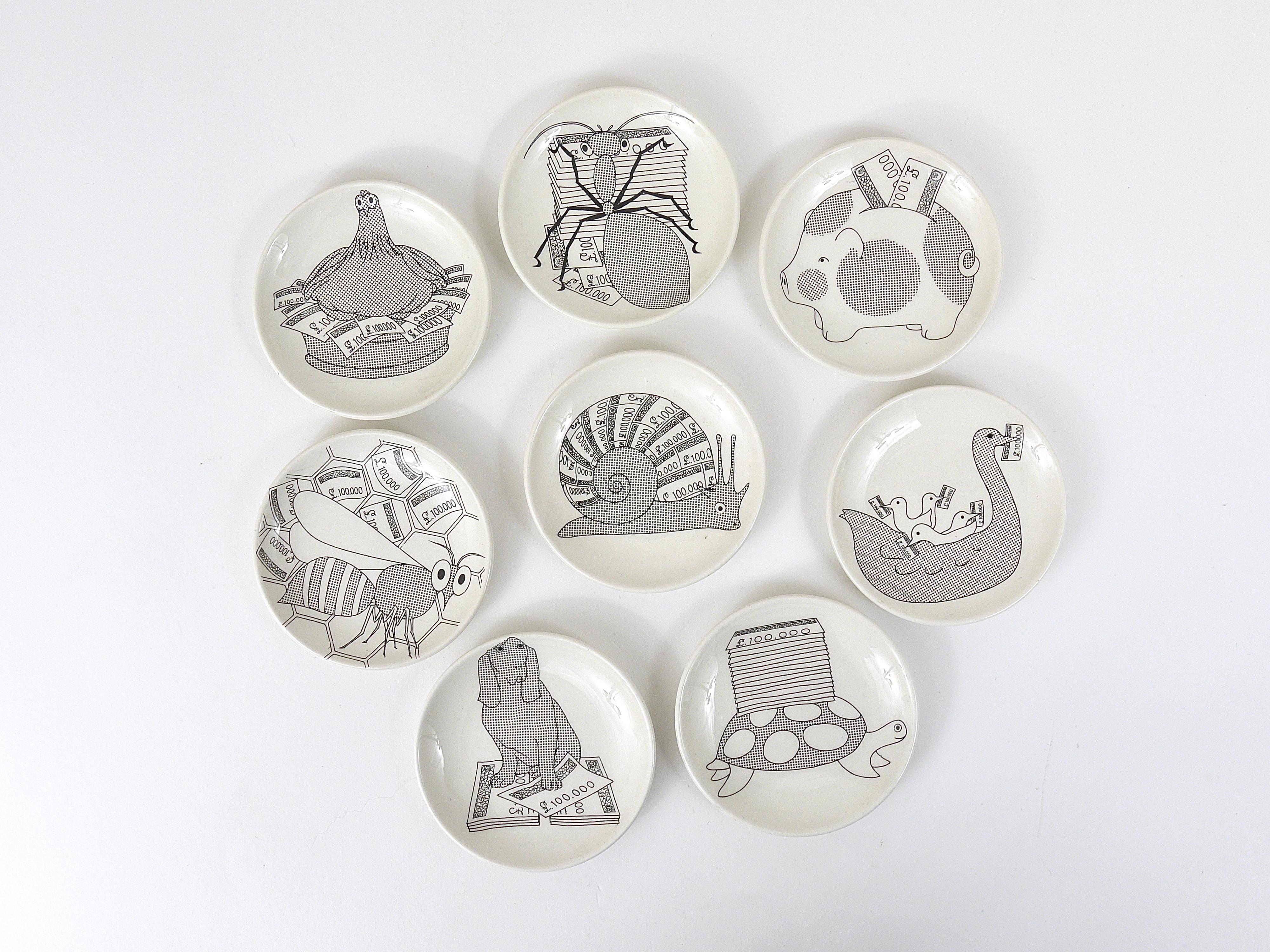 Set of 8 Piero Fornasetti Animal Money Porcelain Coasters / Small Plates, Italy 6