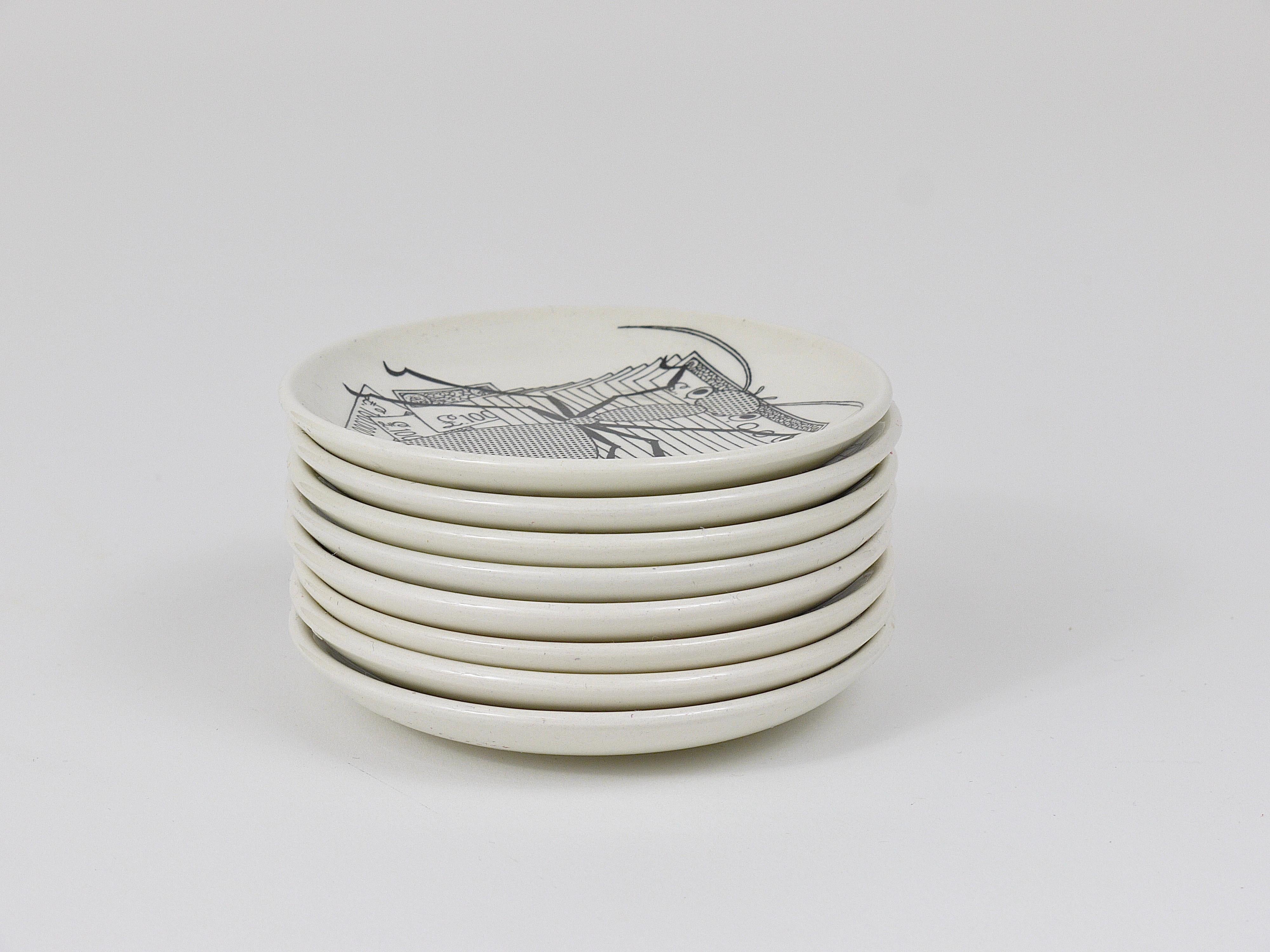 A set of eight beautiful black and white small plates or coasters displaying drawn animals with money. (snail, piggy bank, dog, hen, turtle, duck, bee and ant) By Piero Fornasetti, Italy, 1950s. In very good condition with marginal wear. Measures: