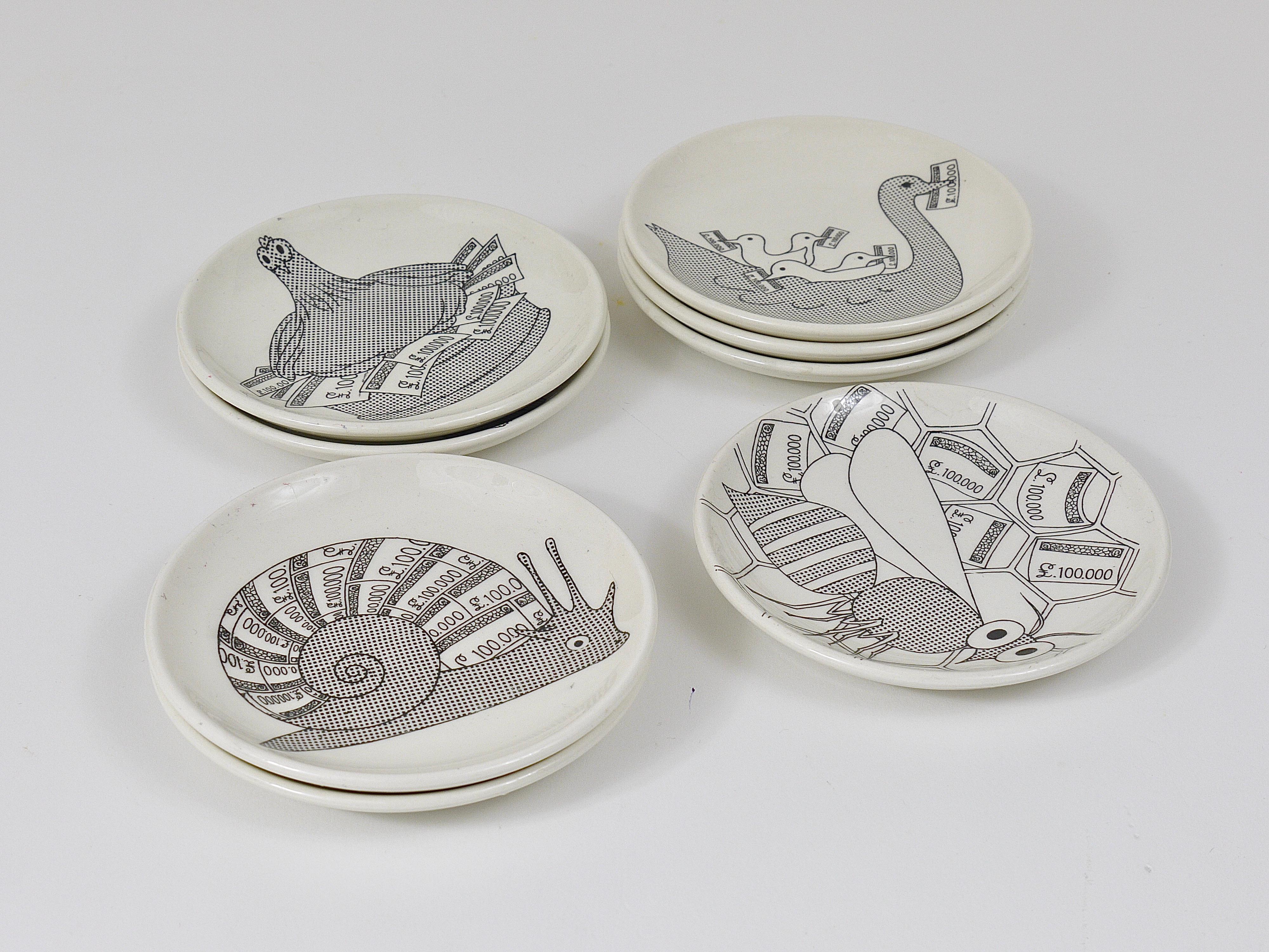 Mid-Century Modern Set of 8 Piero Fornasetti Animal Money Porcelain Coasters / Small Plates, Italy