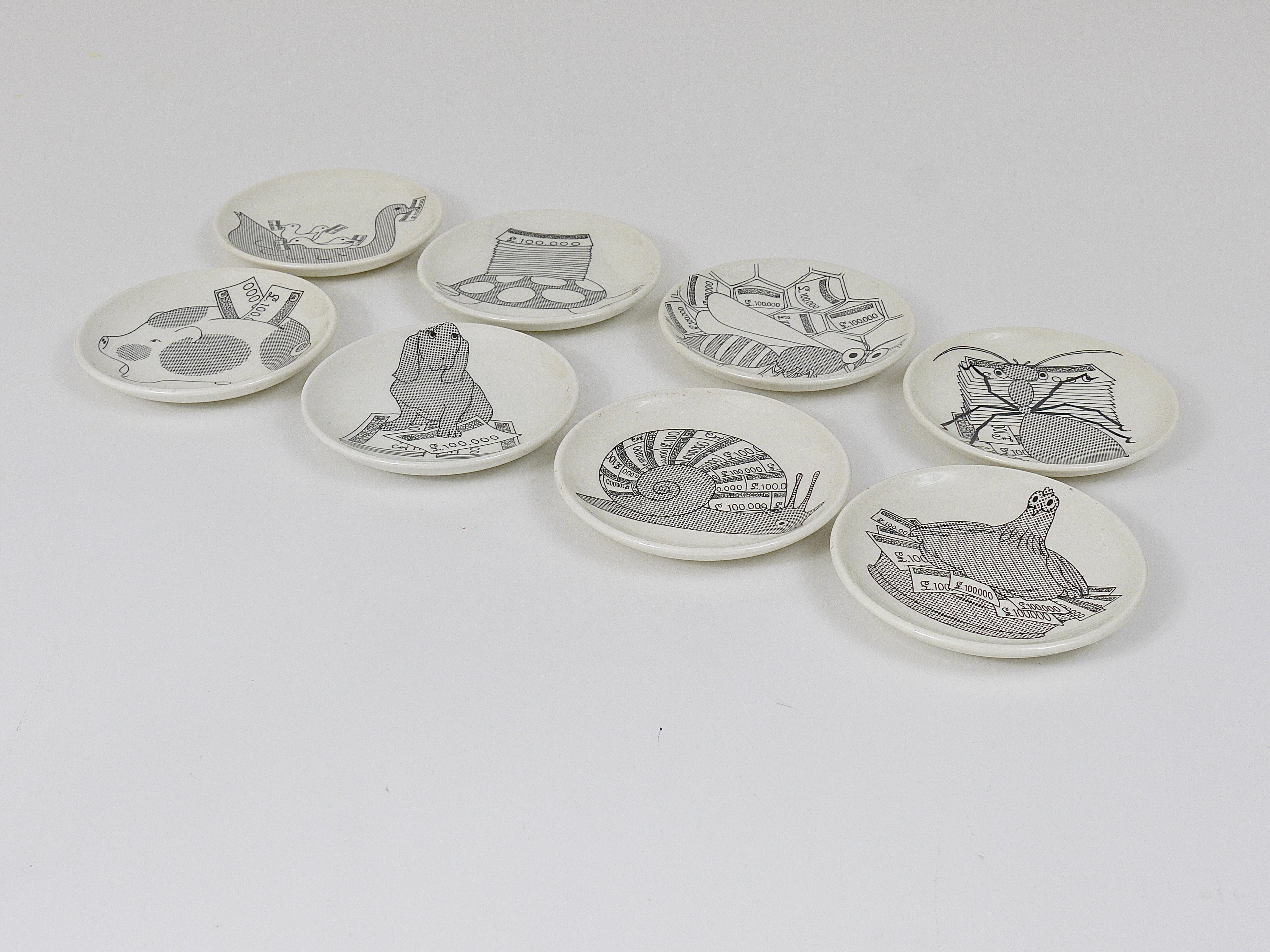 Italian Set of 8 Piero Fornasetti Animal Money Porcelain Coasters / Small Plates, Italy