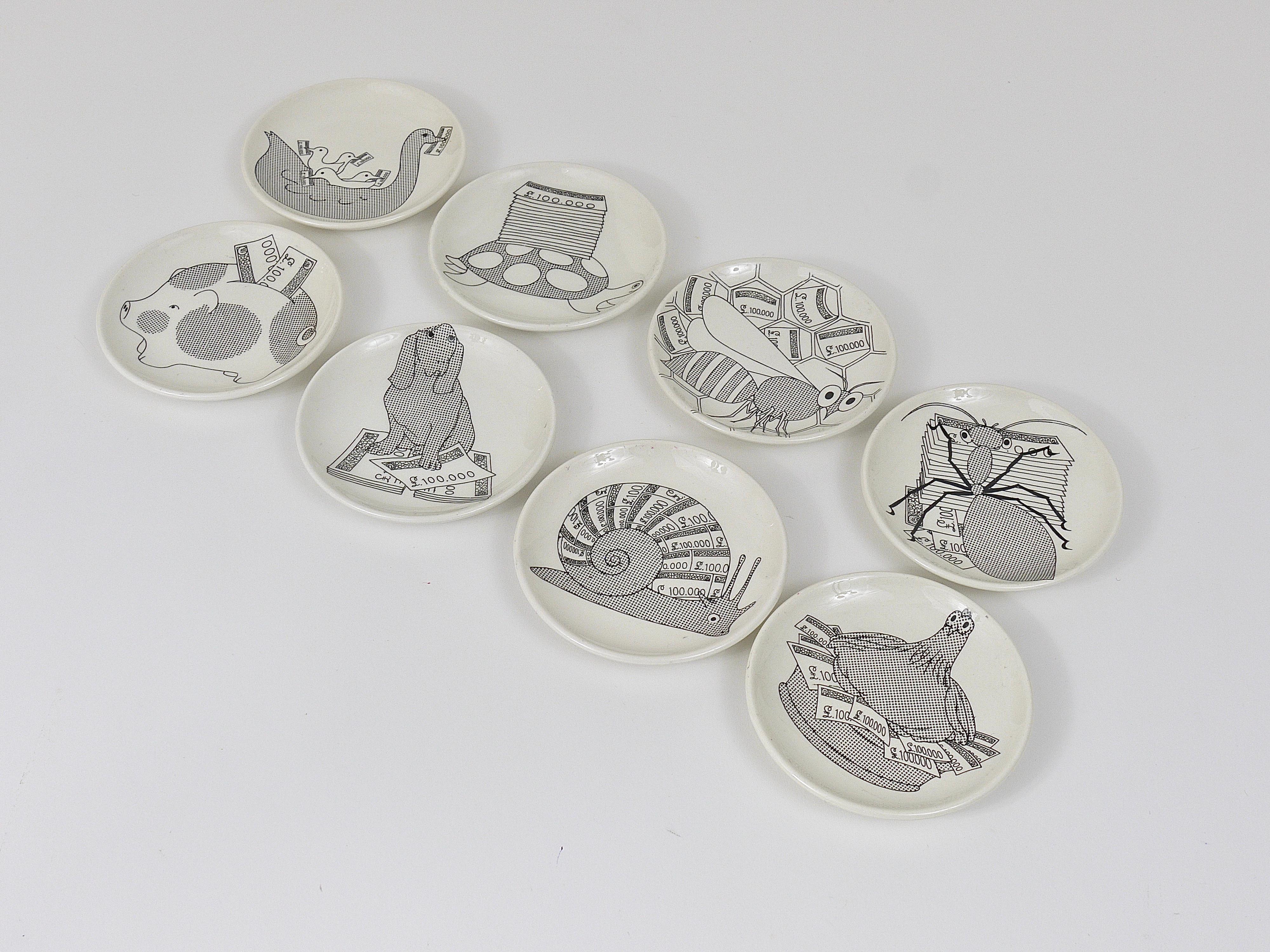 Set of 8 Piero Fornasetti Animal Money Porcelain Coasters / Small Plates, Italy In Good Condition In Vienna, AT