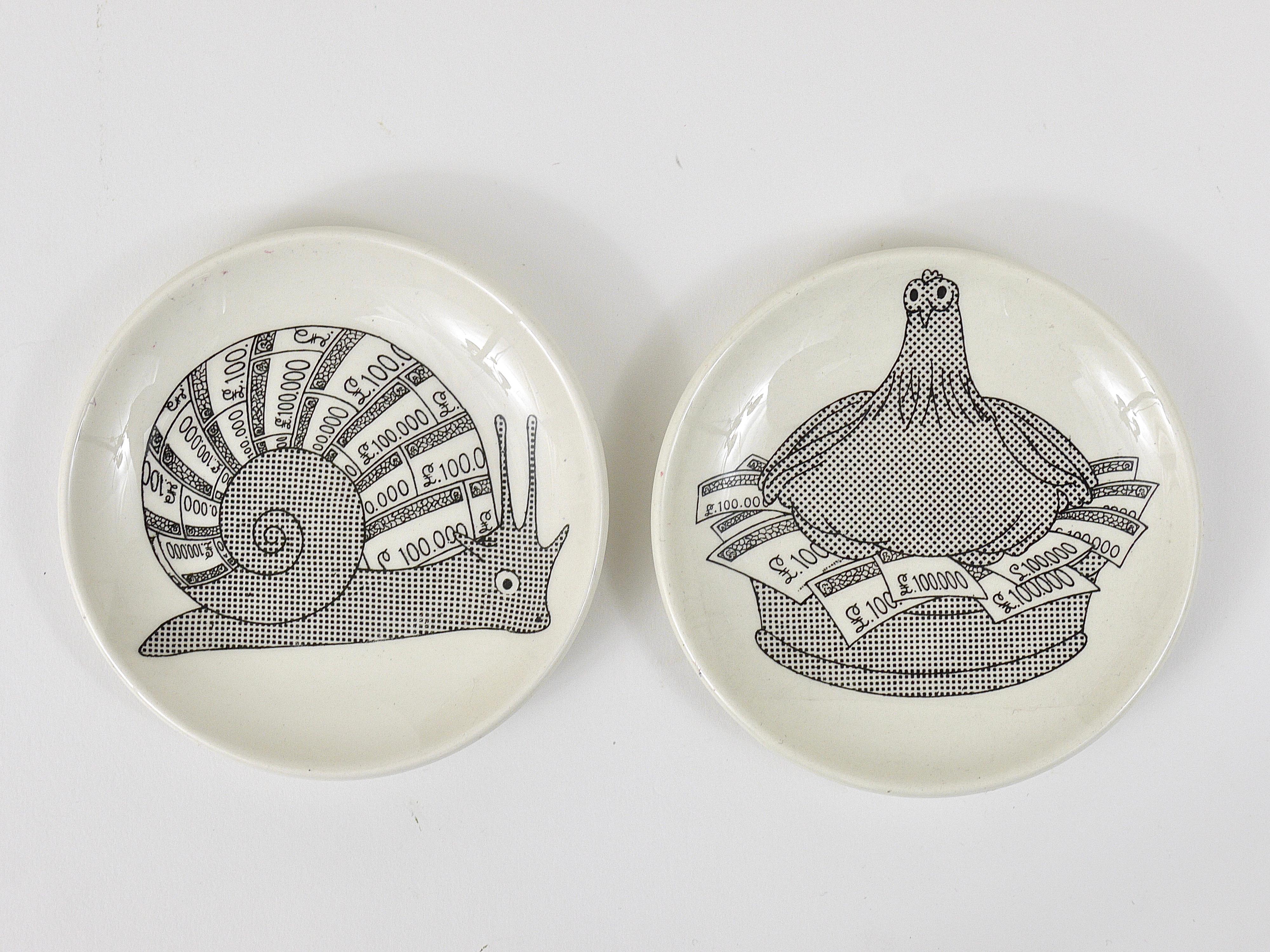 Set of 8 Piero Fornasetti Animal Money Porcelain Coasters / Small Plates, Italy 1