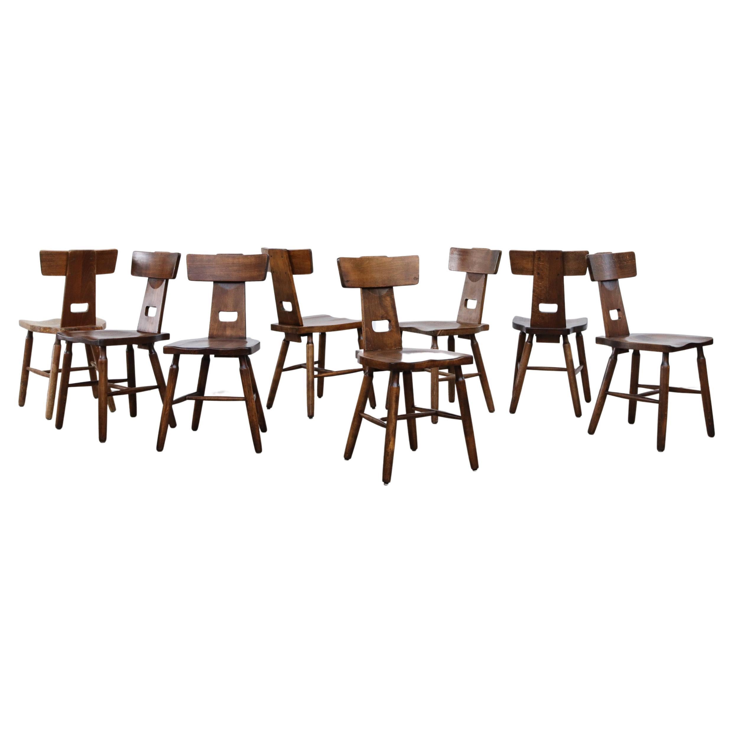 Set of 8 Pierre Chapo Style Brutalist T-Back Dining Chairs