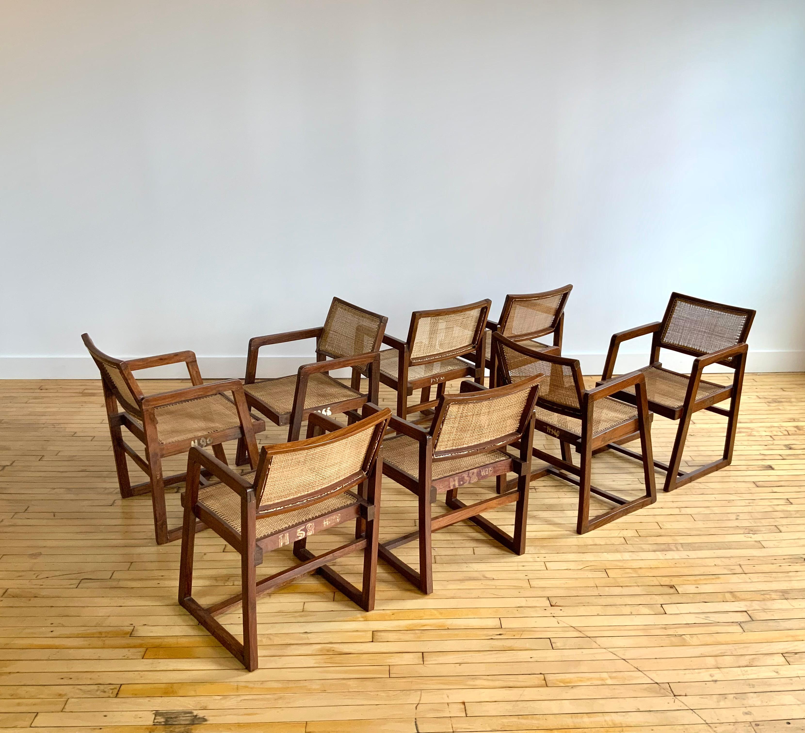 Indian Set of 8 Pierre Jeanneret “Box” Armchairs For Sale