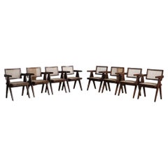 Set of 8 Pierre Jeanneret Office Cane Chairs, India 1950s