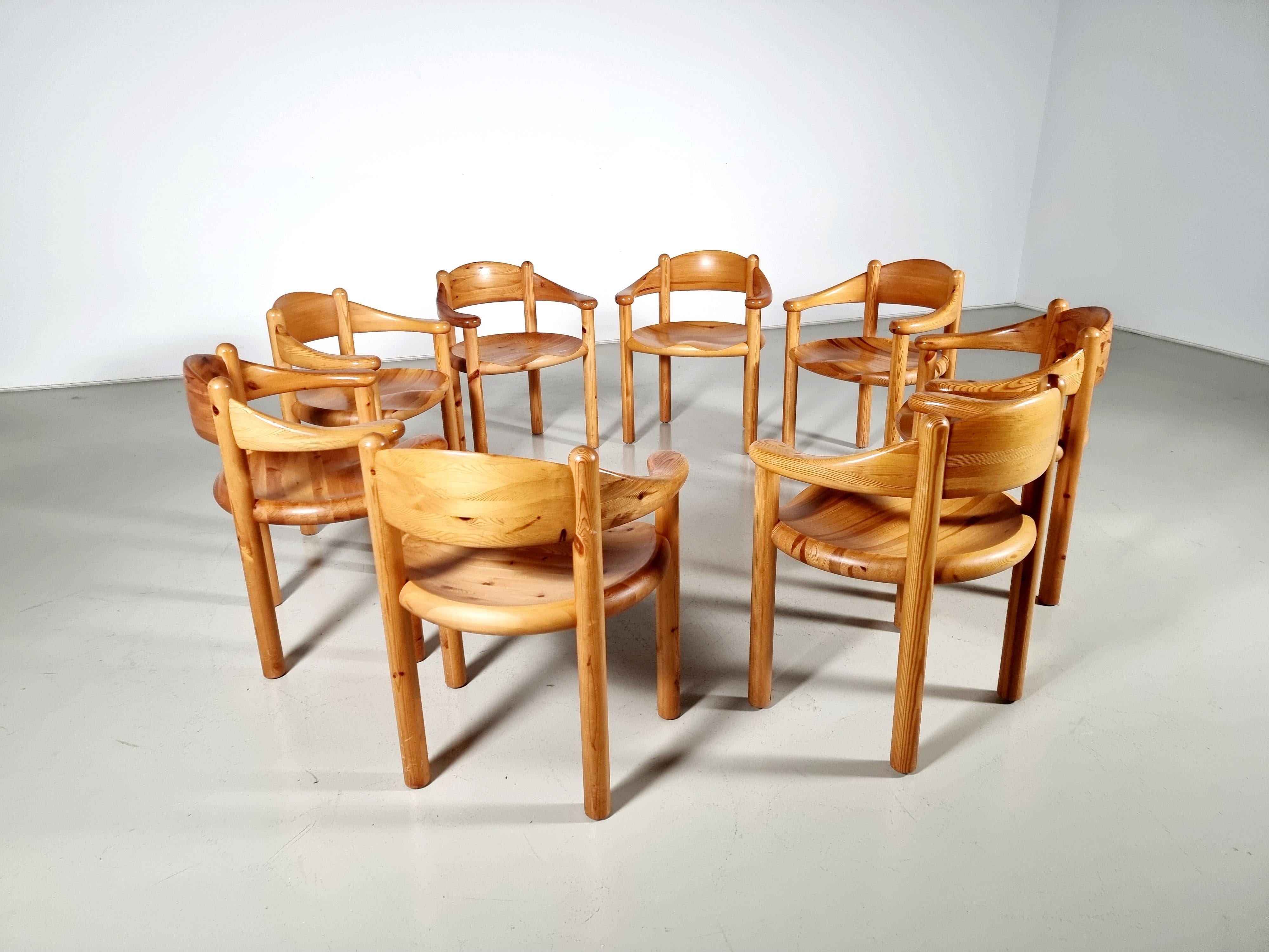 20th Century Set of 8 pine wood carver chairs by Rainer Daumiller, 1960s For Sale
