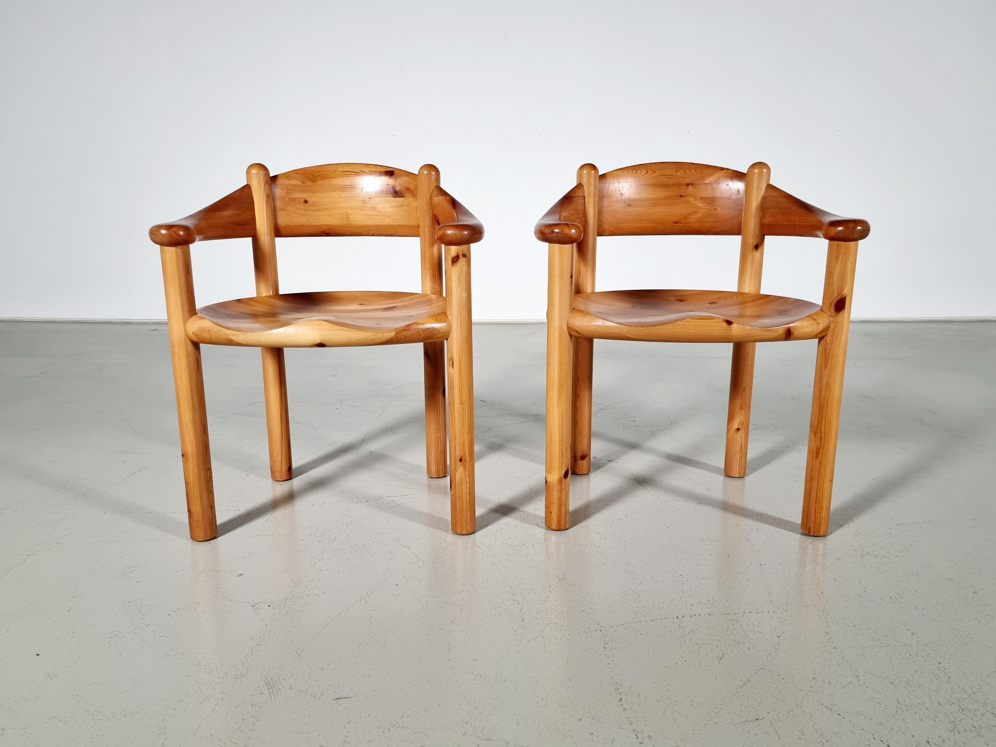 Set of 8 pine wood carver chairs by Rainer Daumiller, 1960s For Sale 1