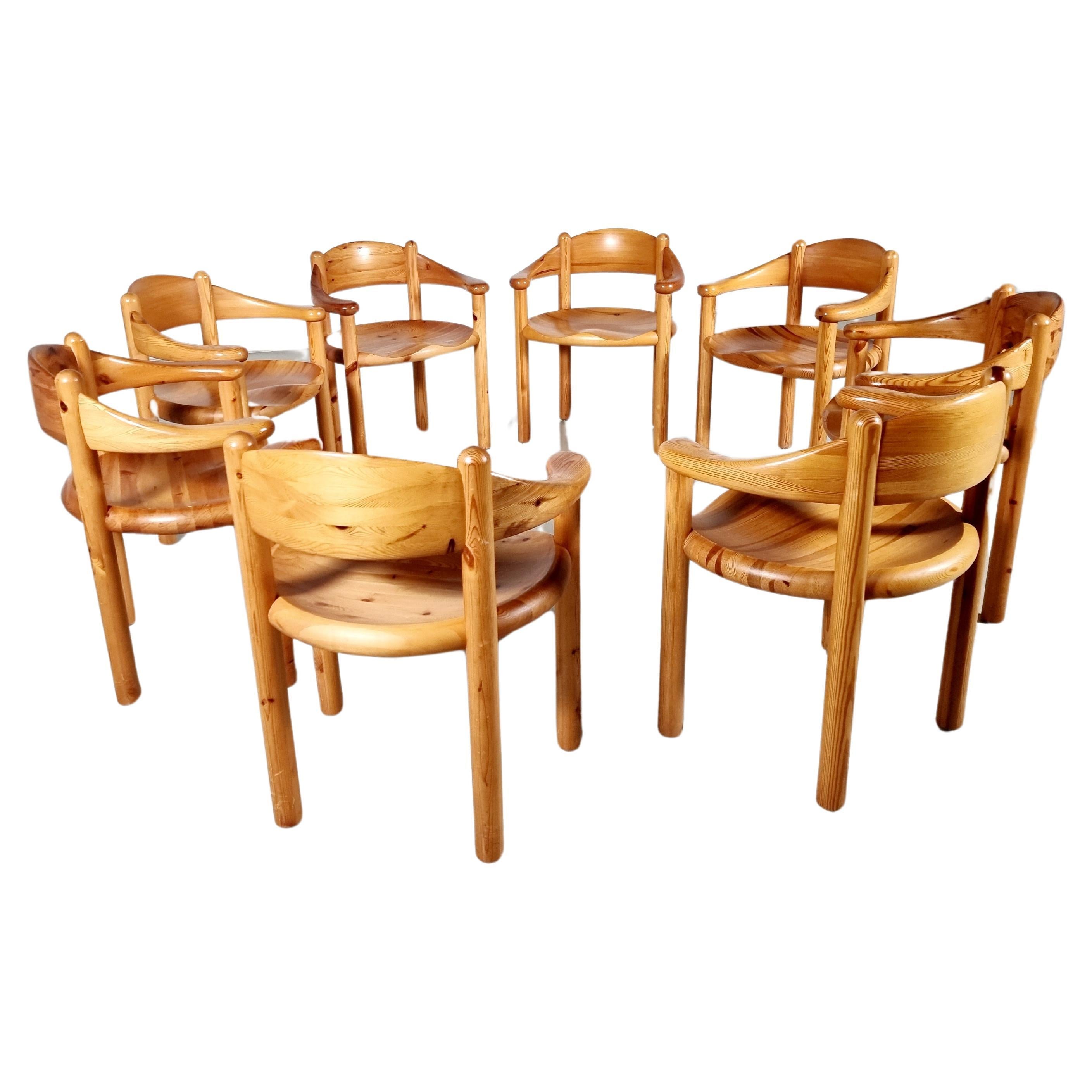 Set of 8 pine wood carver chairs by Rainer Daumiller, 1960s For Sale