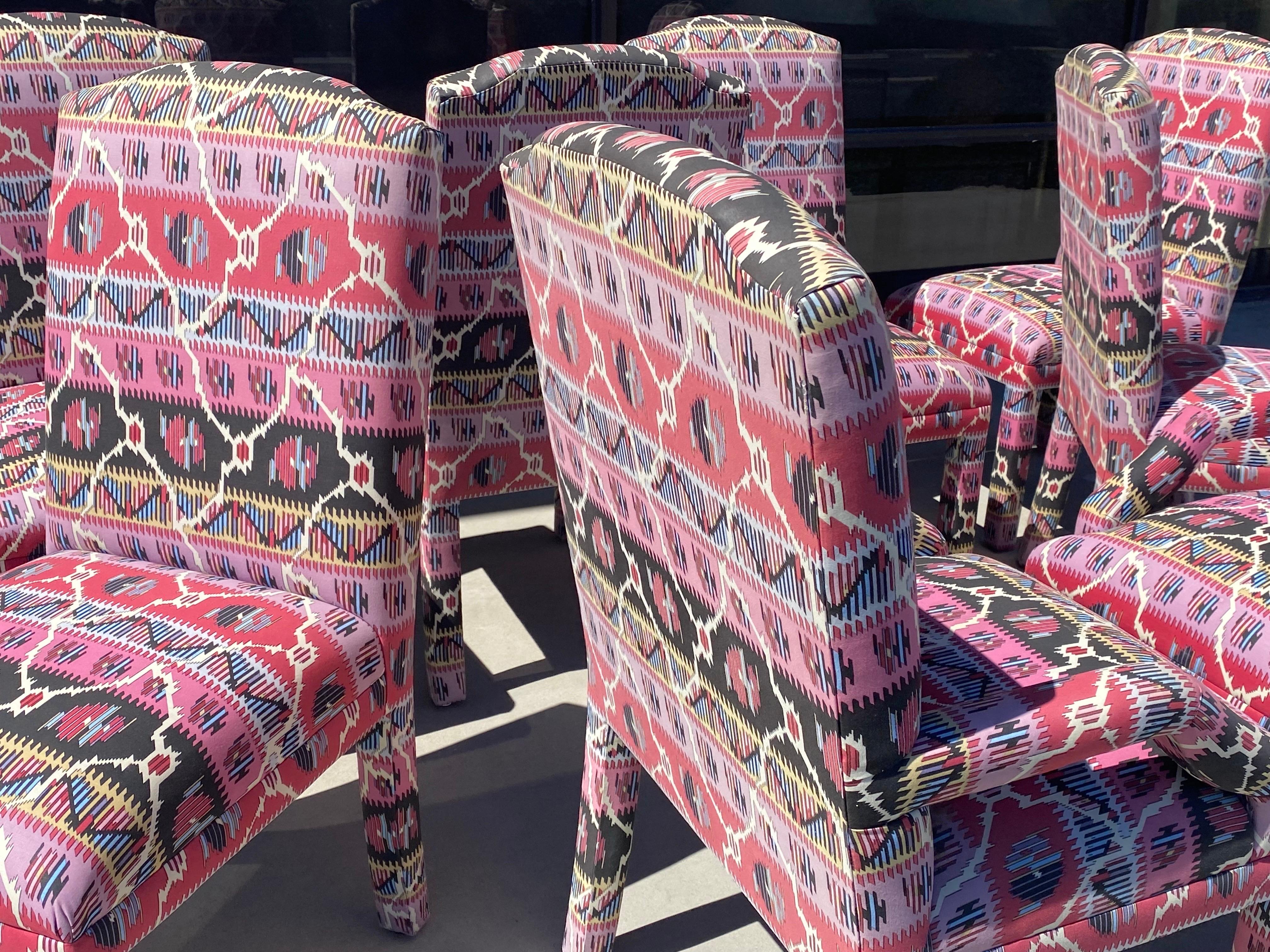 Fabric Pink and Black Bohemian Ikat Print Upholstered Set of 8 Dining Chairs