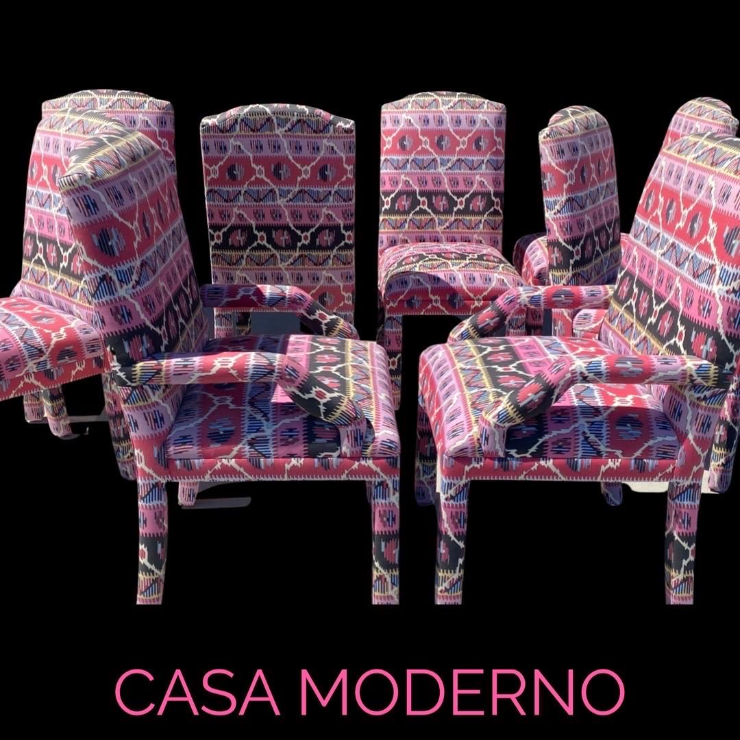 Pink and Black Bohemian Ikat Print Upholstered Set of 8 Dining Chairs 1