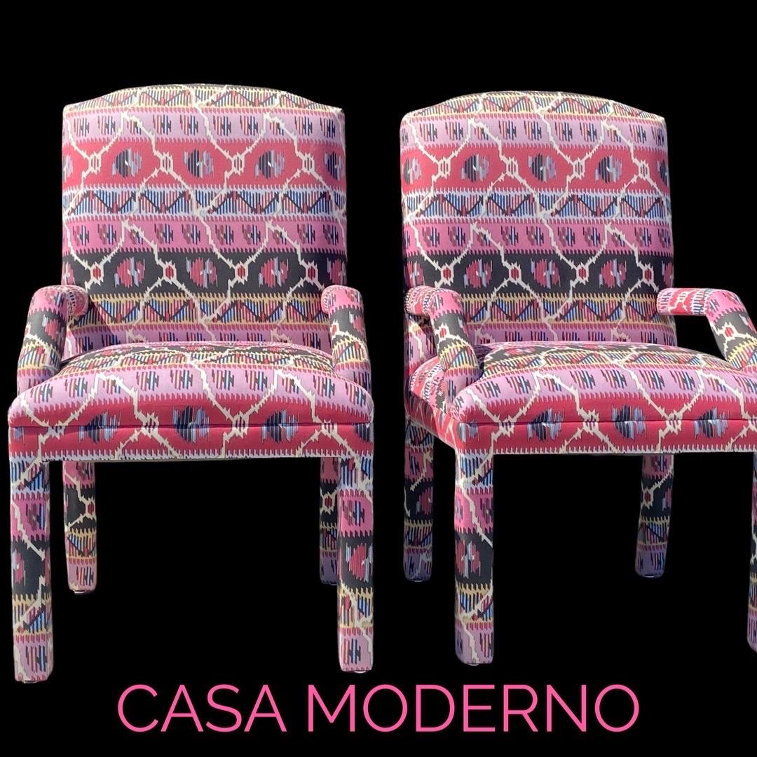 Pink and Black Bohemian Ikat Print Upholstered Set of 8 Dining Chairs 2