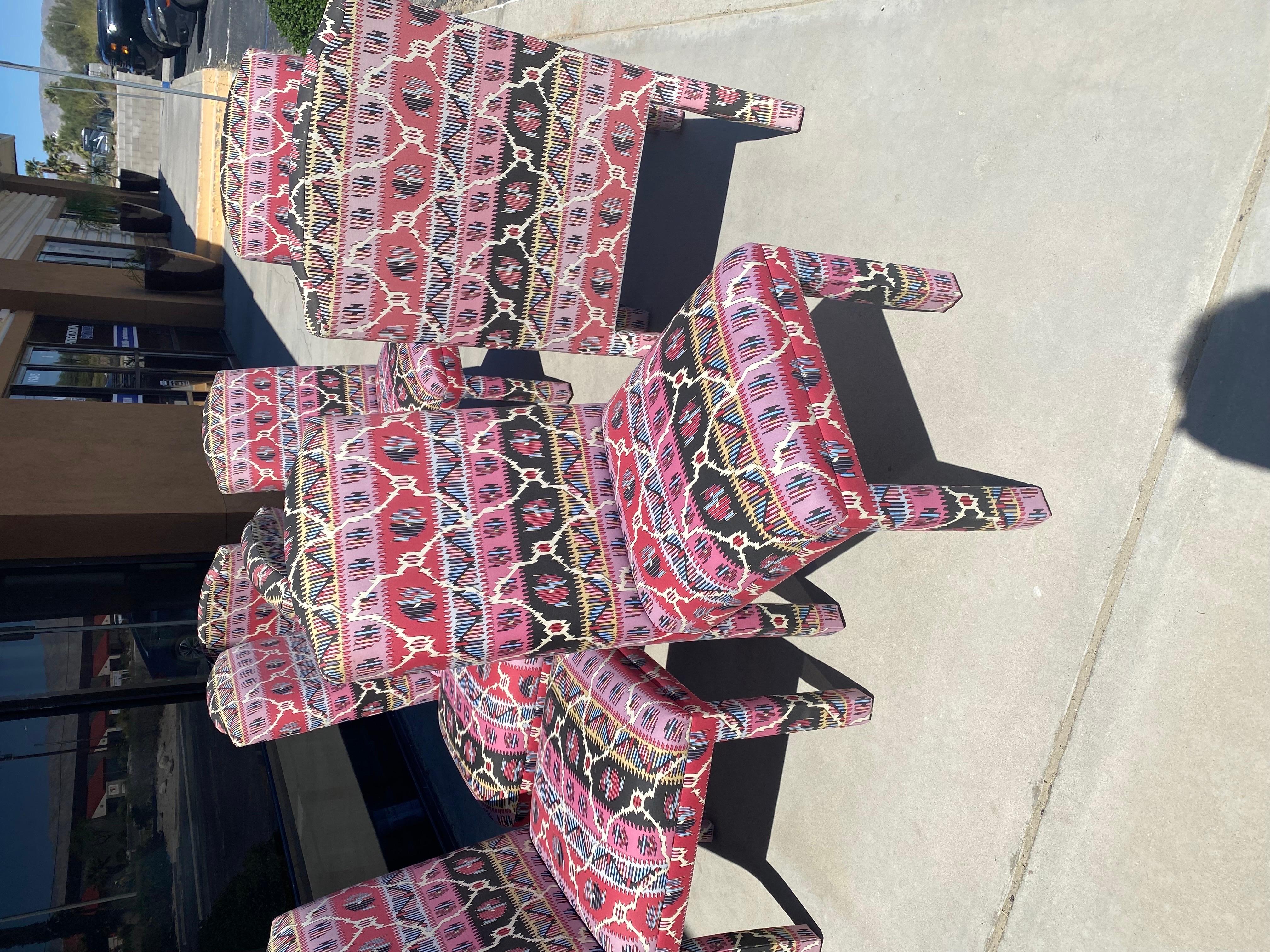 Modern Pink and Black Bohemian Ikat Print Upholstered Set of 8 Dining Chairs