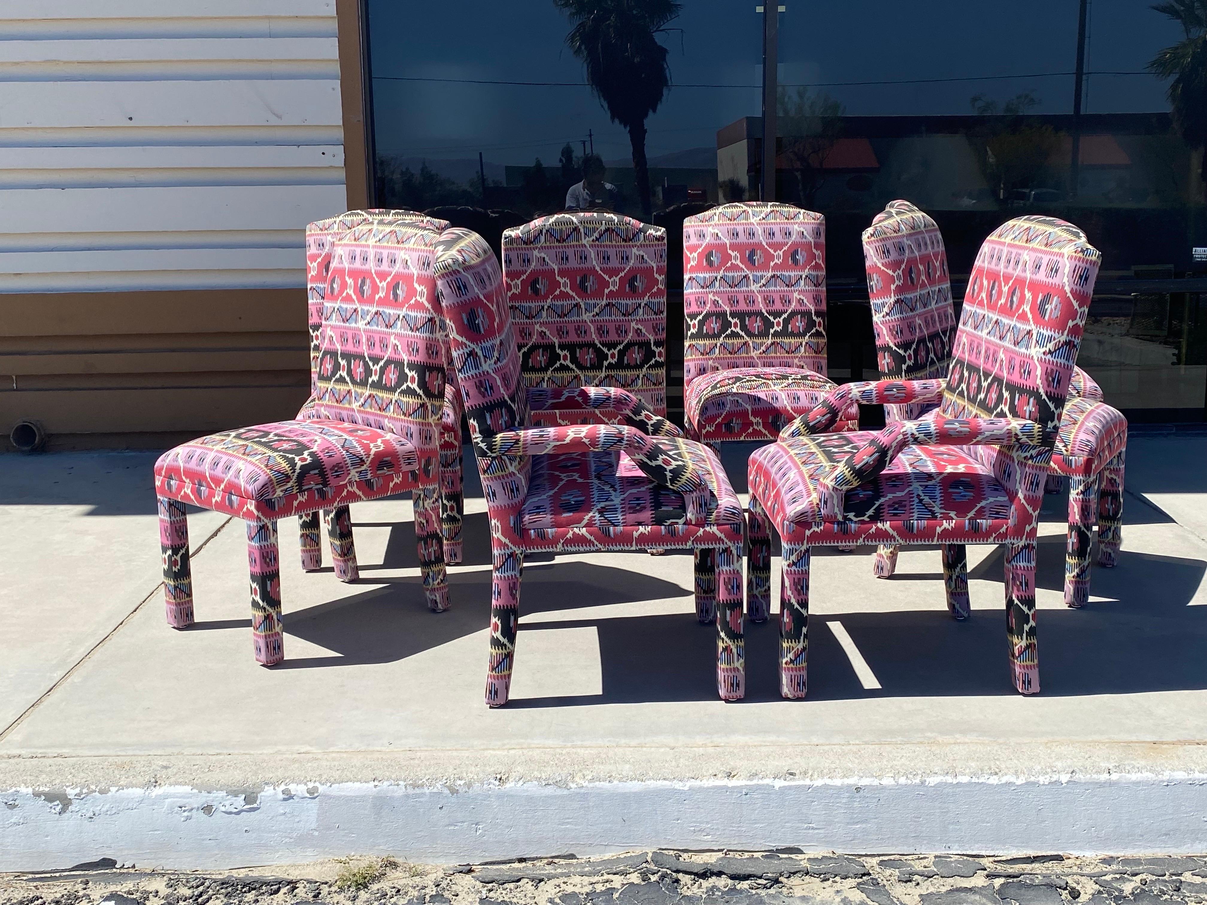 American Pink and Black Bohemian Ikat Print Upholstered Set of 8 Dining Chairs