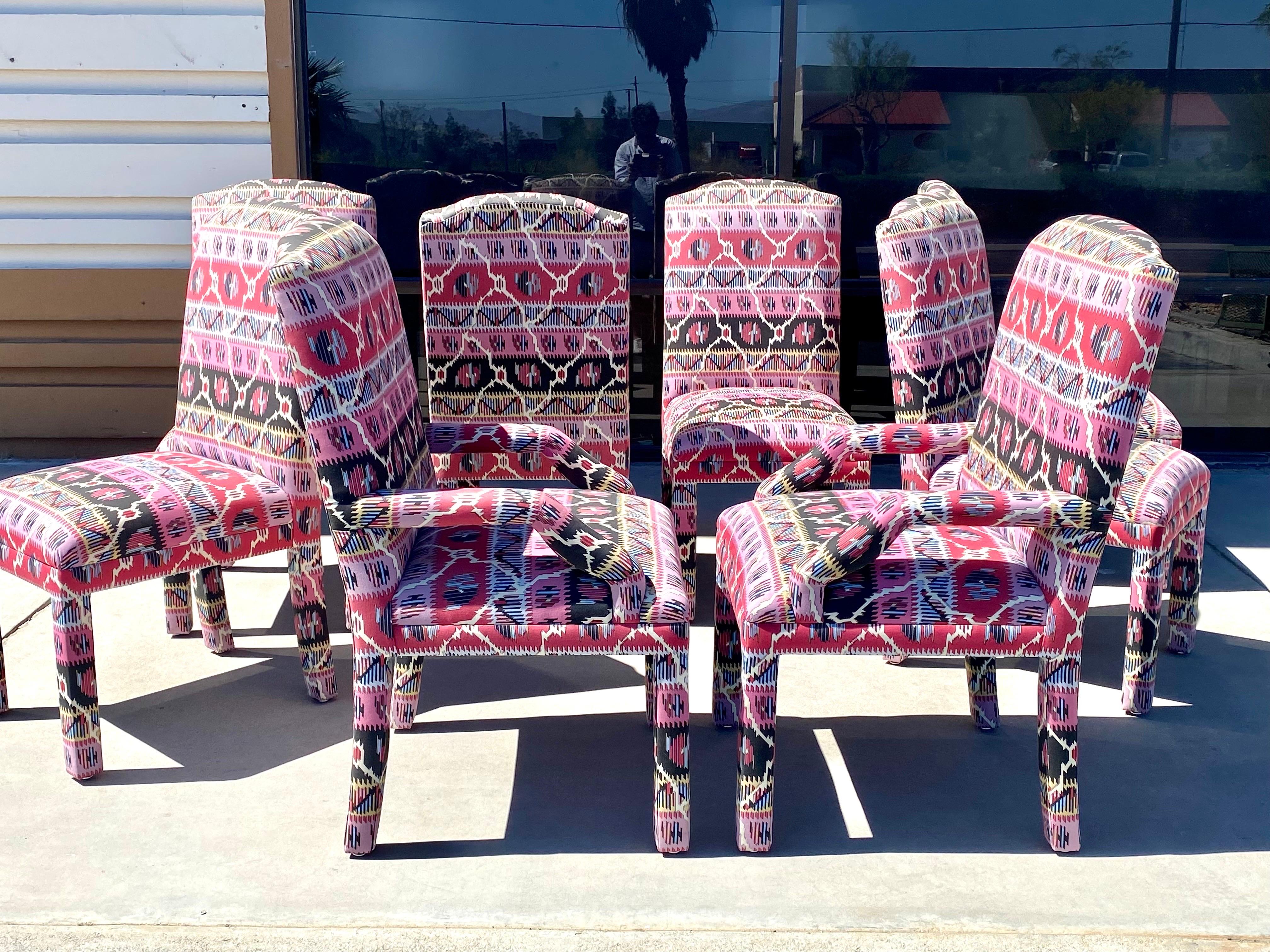 Other Pink and Black Bohemian Ikat Print Upholstered Set of 8 Dining Chairs