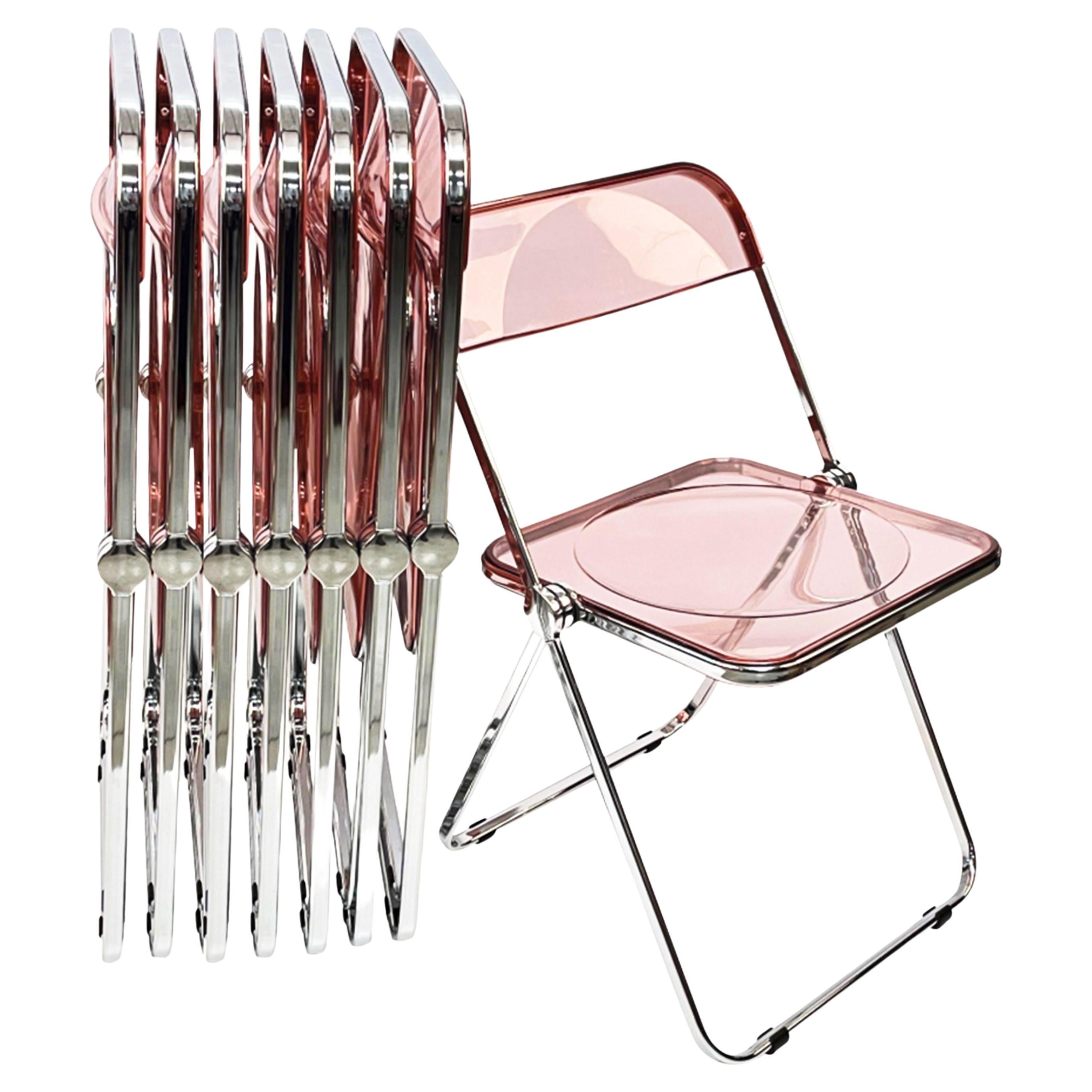 Set of 8 Pink Lucite Chrome Frame "Plia" Italian Chairs for Castelli, 1970s