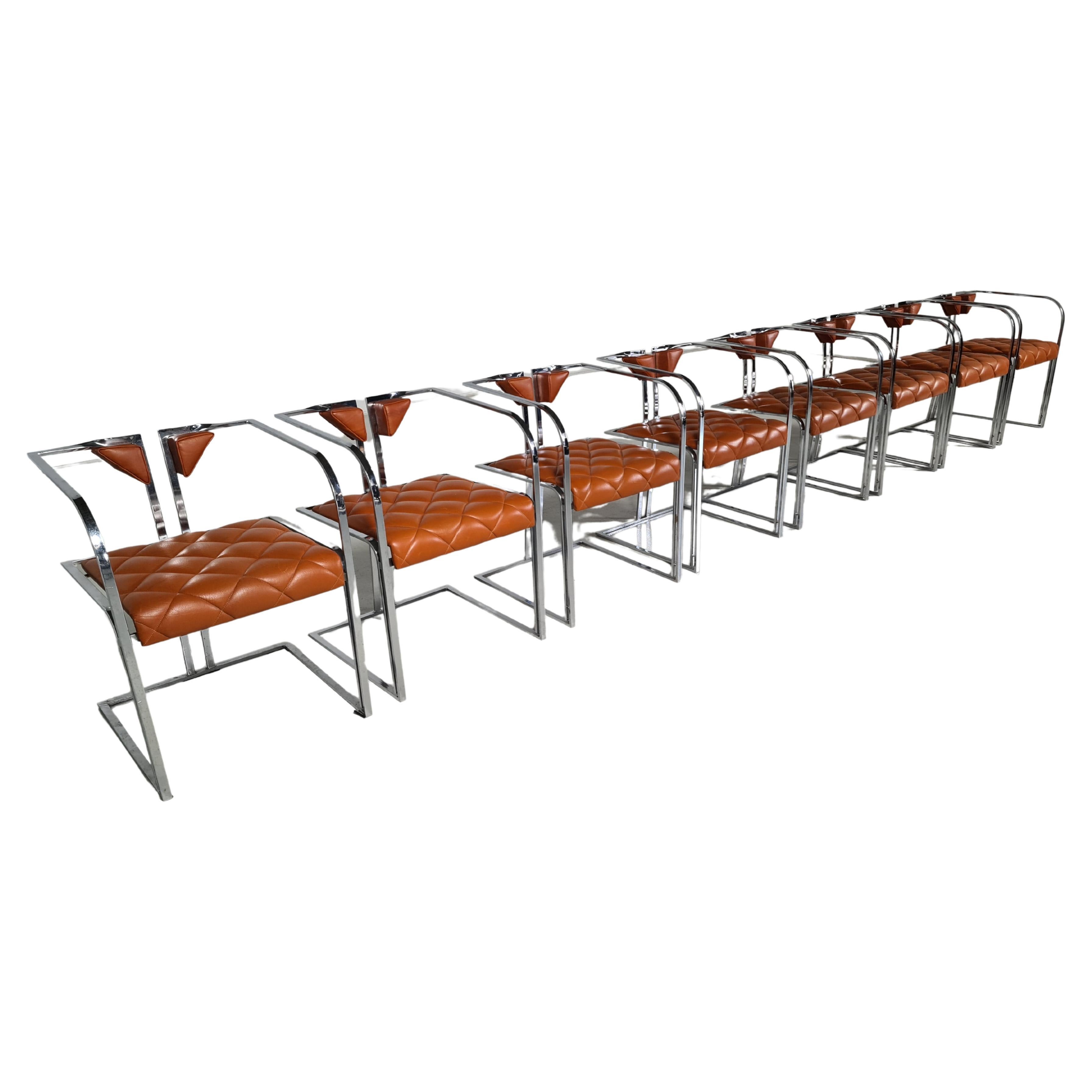 Set of 8 Plated Chrome and Leather Dining Chairs, Italy, 1970s