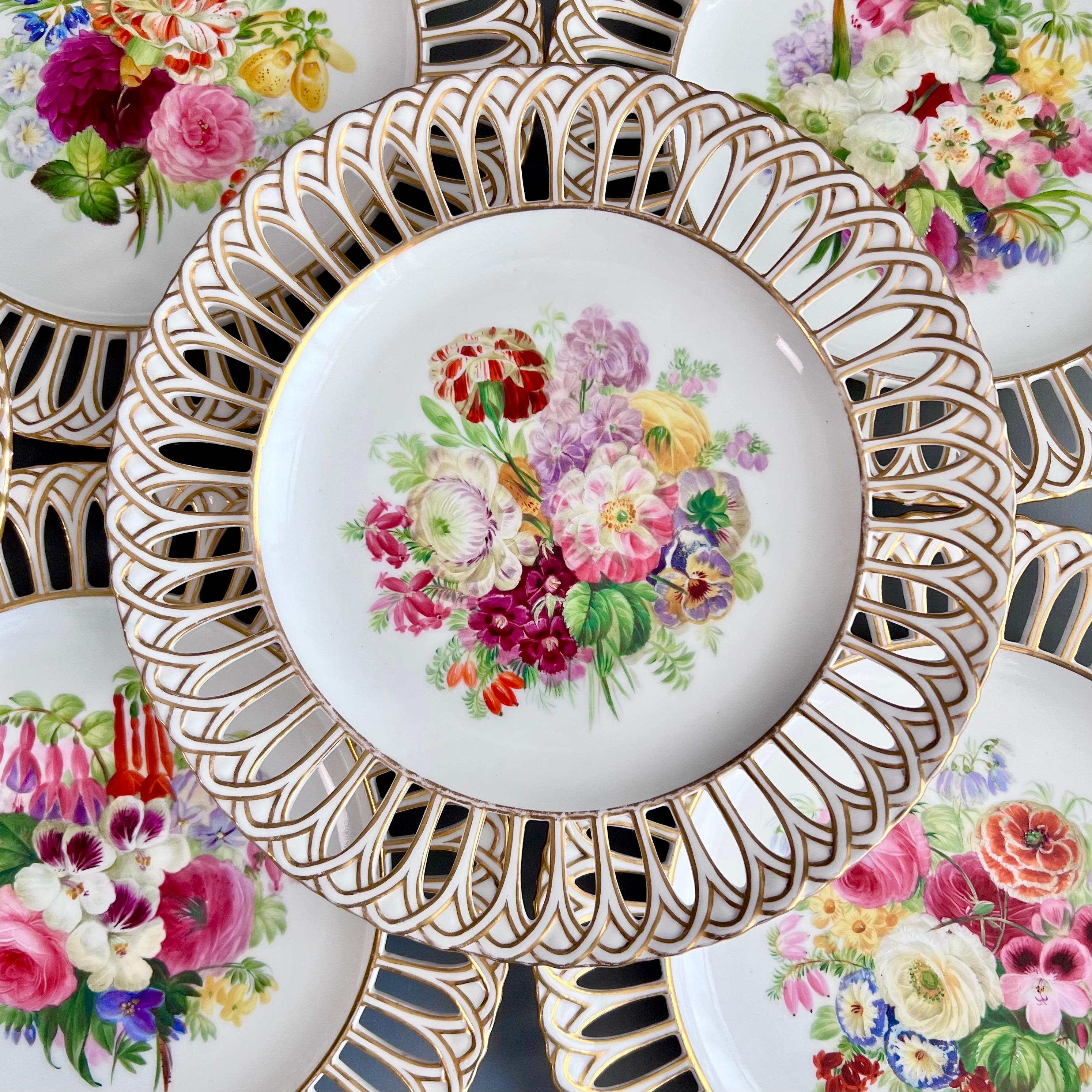 This is a stunning set of 8 reticulated plates made by Copeland in 1848. Each plate is decorated with a unique sublimely painted flower arrangement by the artist Greatbatch. 

We have a second set of 8 of these plates available, as well as a few