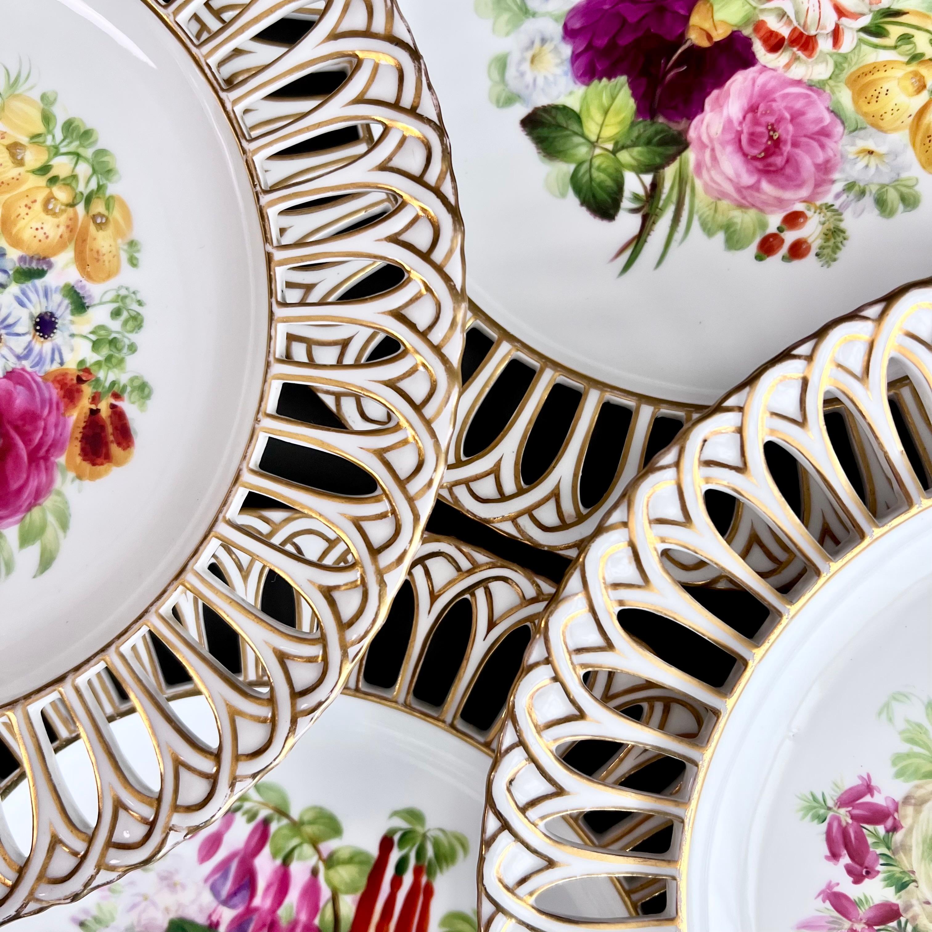 Victorian Set of 8 Plates by Copeland, Reticulated, Sublime Flowers by Greatbatch, 1848 For Sale