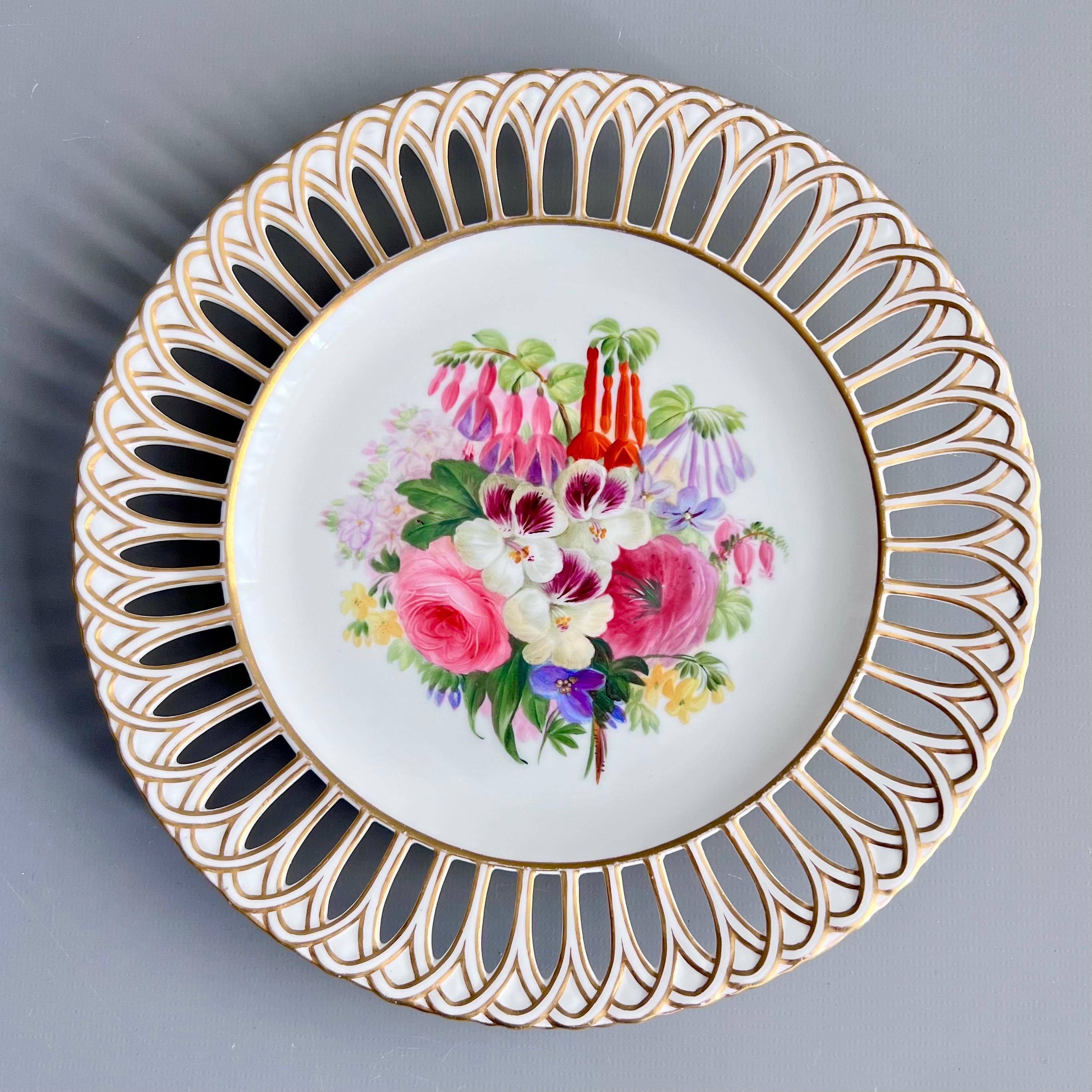 Hand-Painted Set of 8 Plates by Copeland, Reticulated, Sublime Flowers by Greatbatch, 1848 For Sale