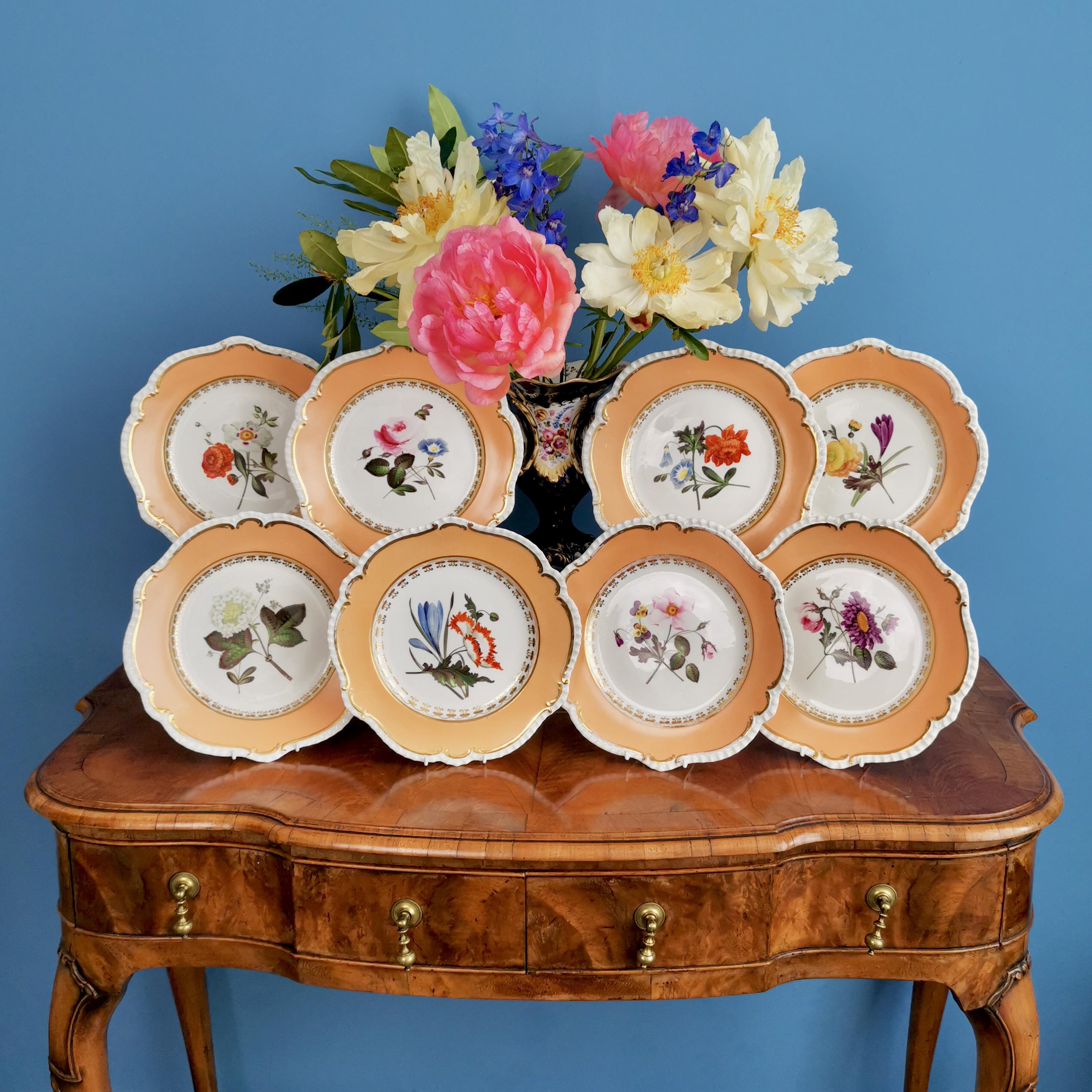 On offer is a rare set of eight dessert plates made by Coalport between 1820 and 1825. The plates are decorated in a peach ground with stunning flower paintings attributed to Cecil Jones.
 
Coalport was one of the leading potters in 19th and 20th