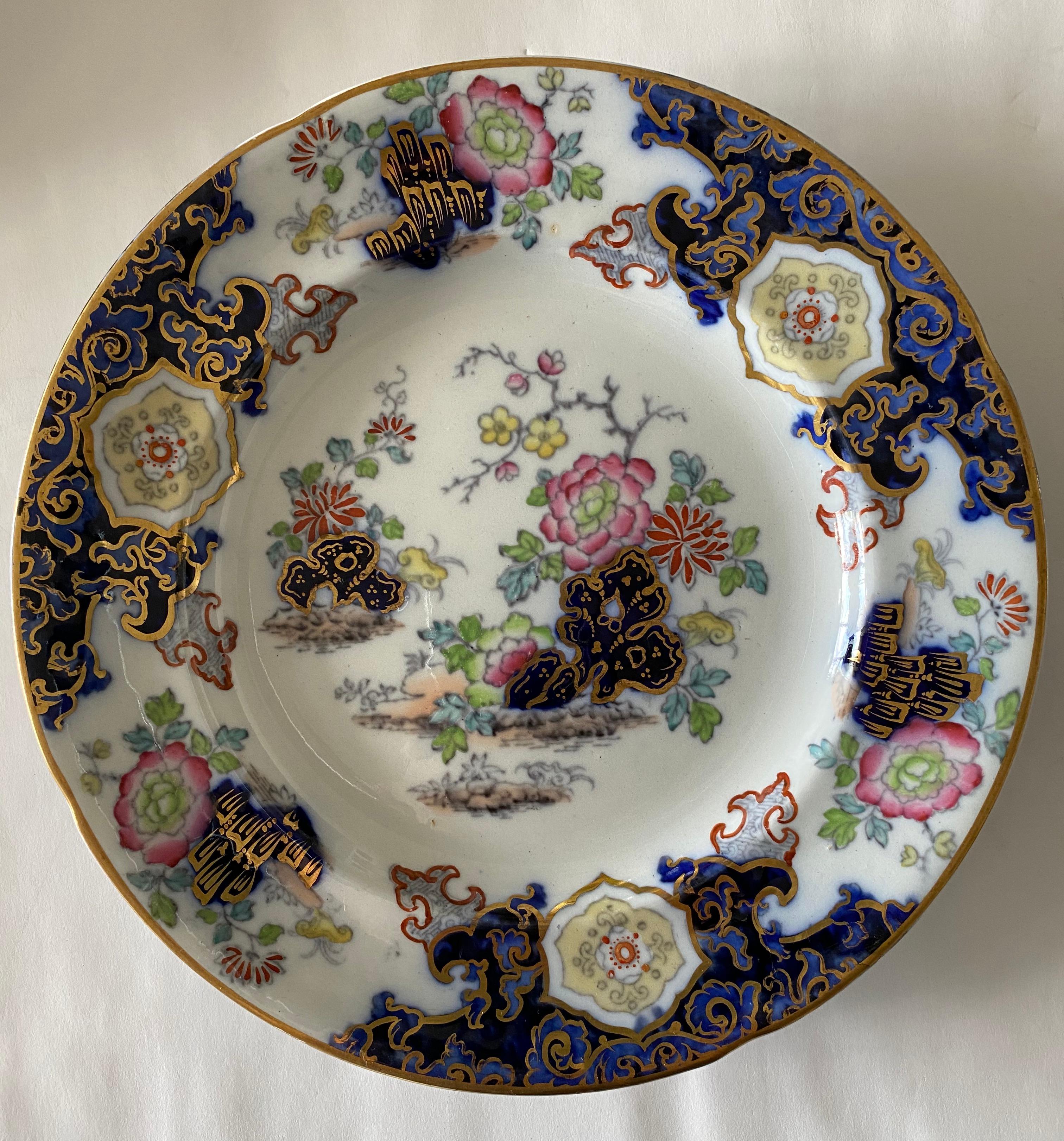 Hand-Painted Set of 8 Plates, Floral Chinoiserie Ashworth Ironstone China, England circa 1862