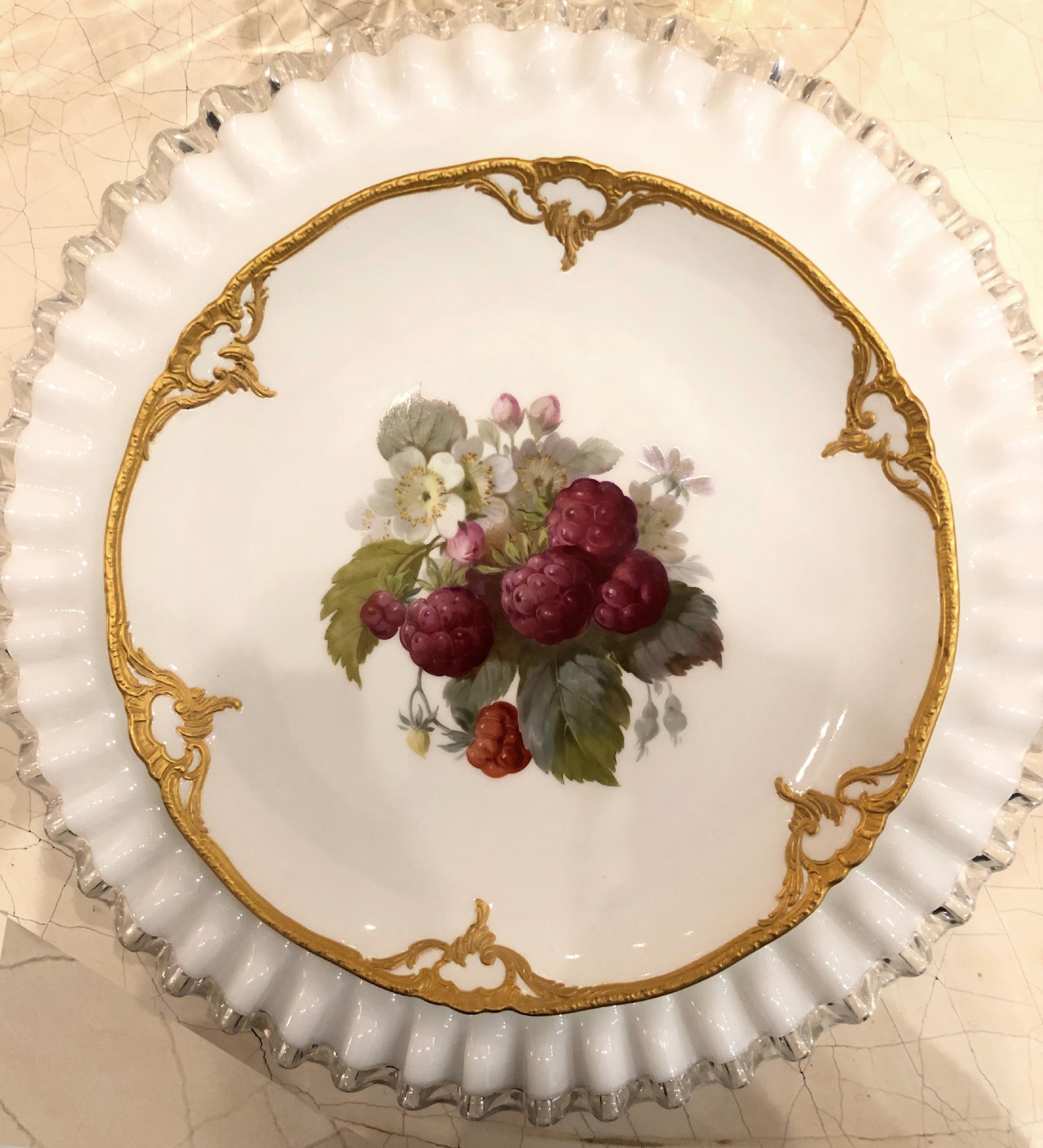 Regency Set of Eight Porcelain Dessert Plates Depicting Fruit with 14k Gold Detail