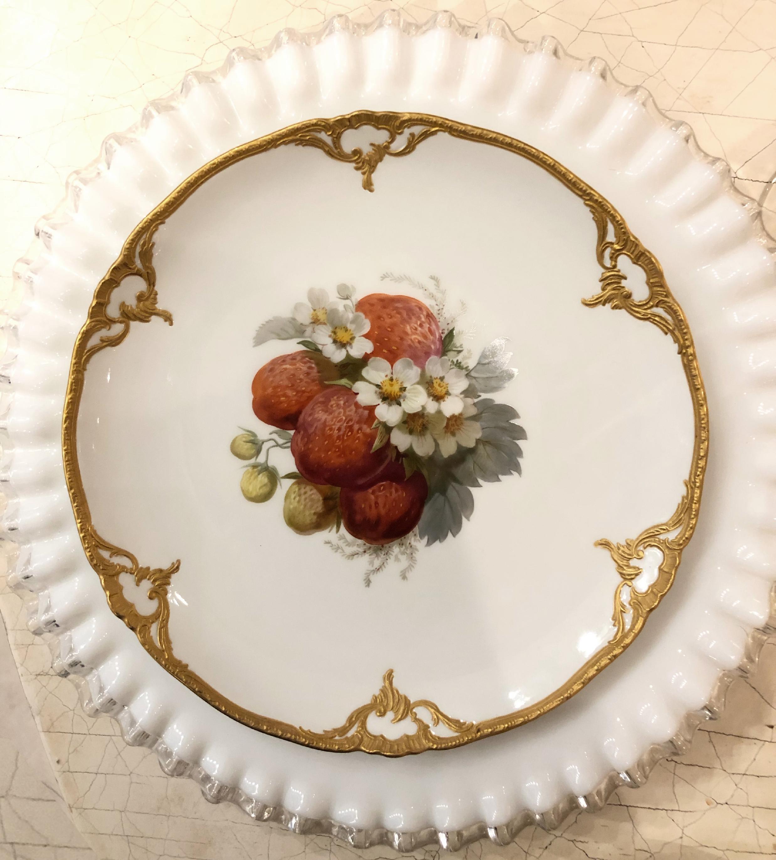 German Set of Eight Porcelain Dessert Plates Depicting Fruit with 14k Gold Detail