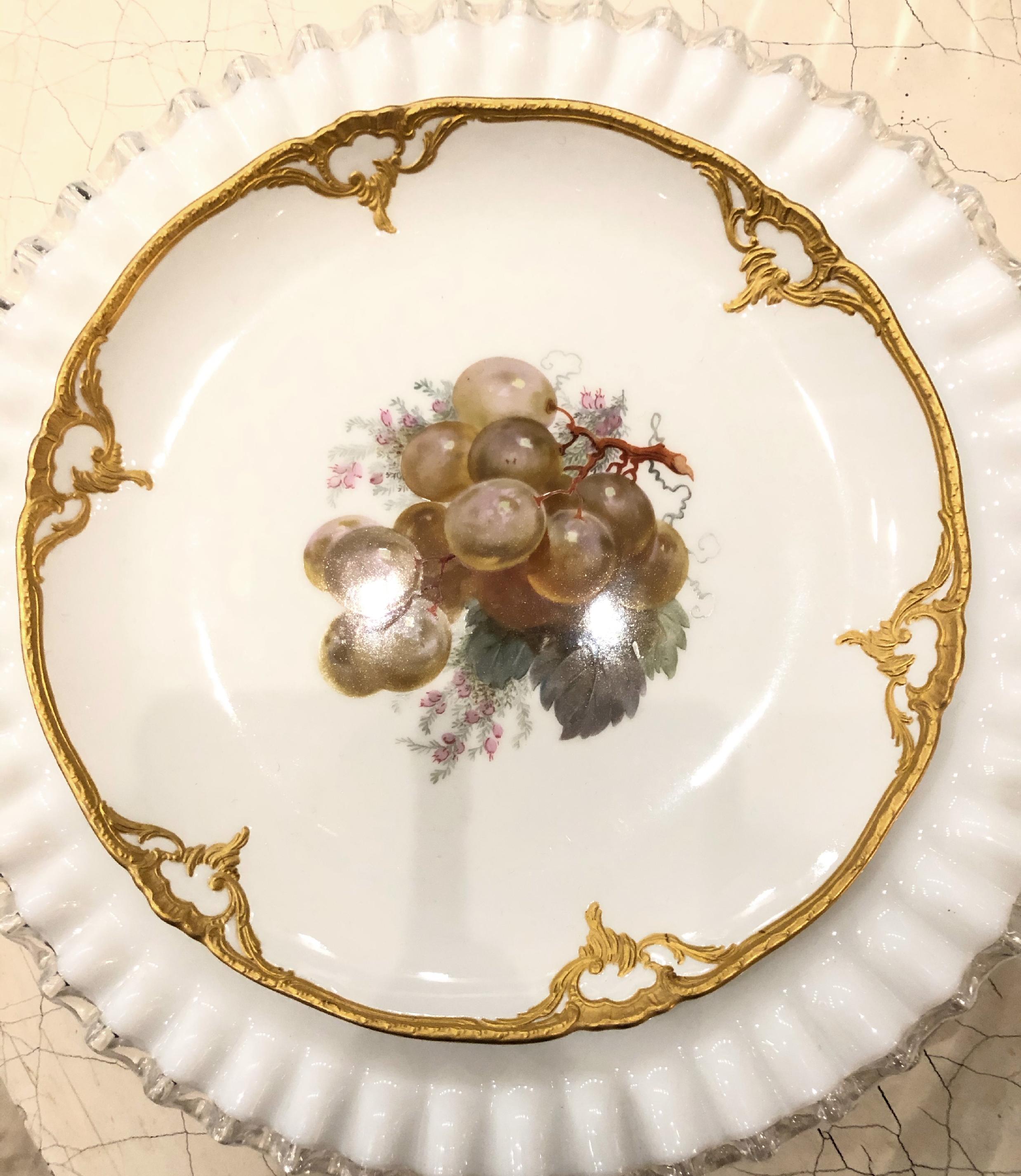 20th Century Set of Eight Porcelain Dessert Plates Depicting Fruit with 14k Gold Detail