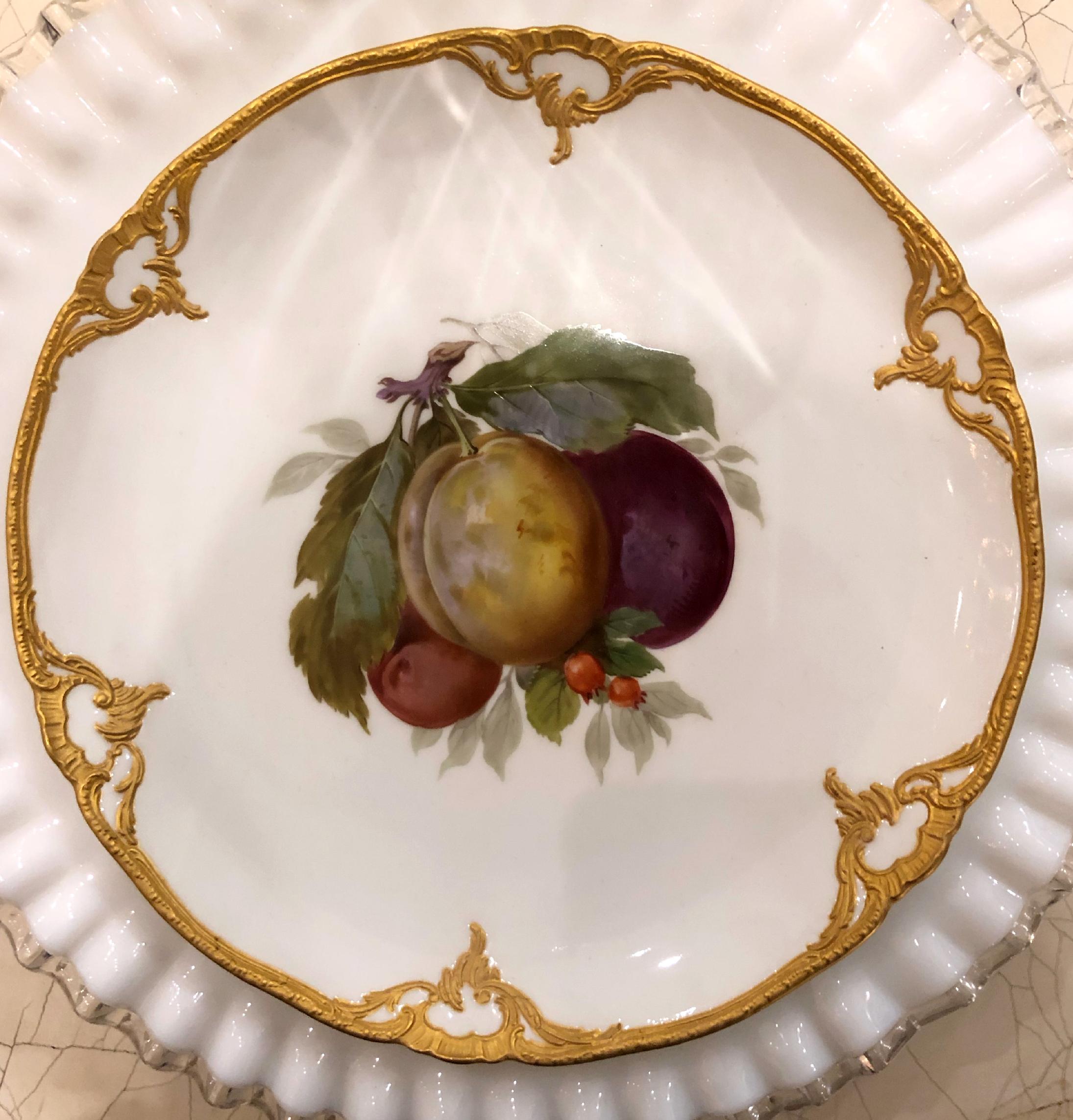 Set of Eight Porcelain Dessert Plates Depicting Fruit with 14k Gold Detail 1