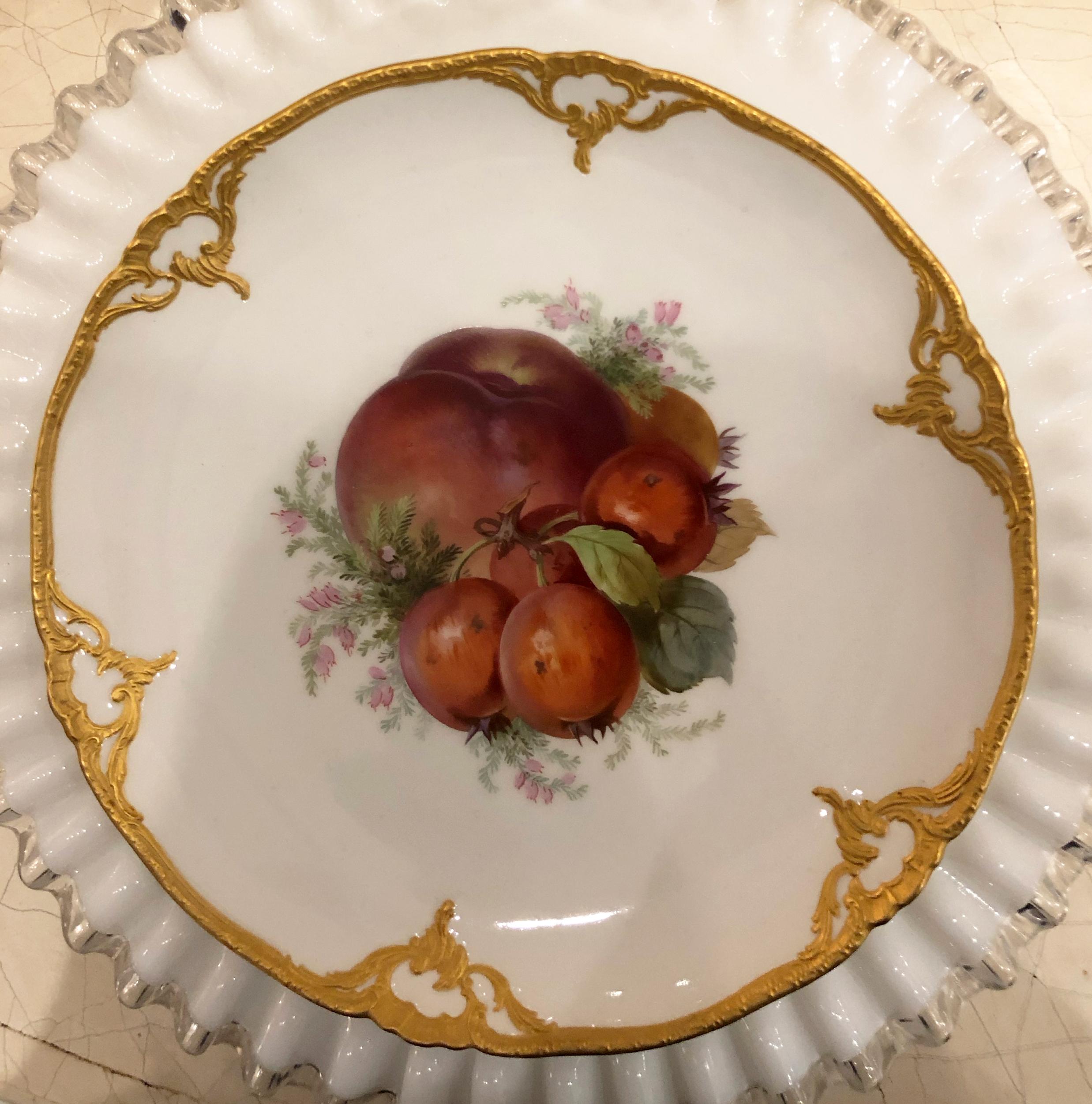 Set of Eight Porcelain Dessert Plates Depicting Fruit with 14k Gold Detail 2