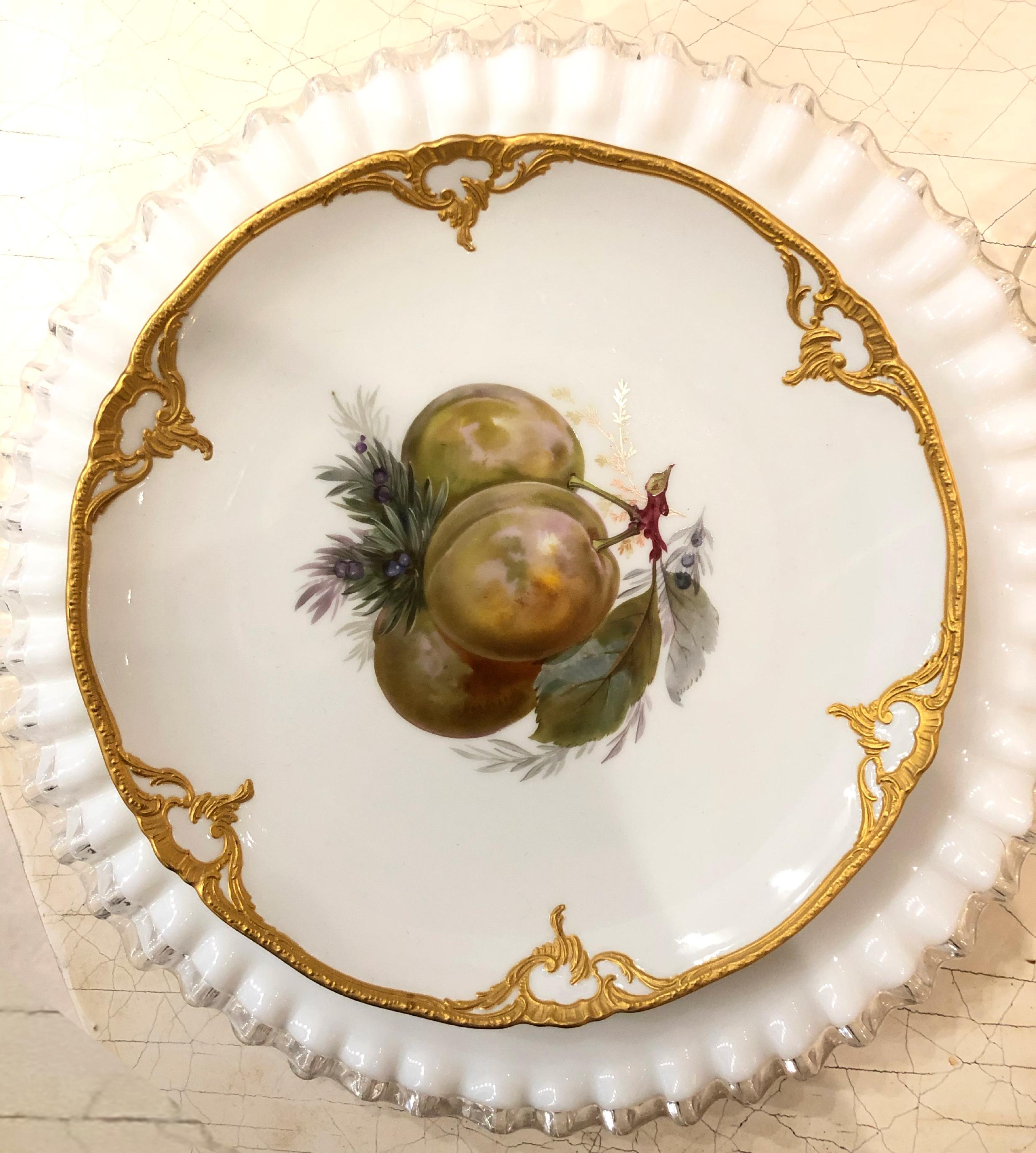 Set of Eight Porcelain Dessert Plates Depicting Fruit with 14k Gold Detail 3