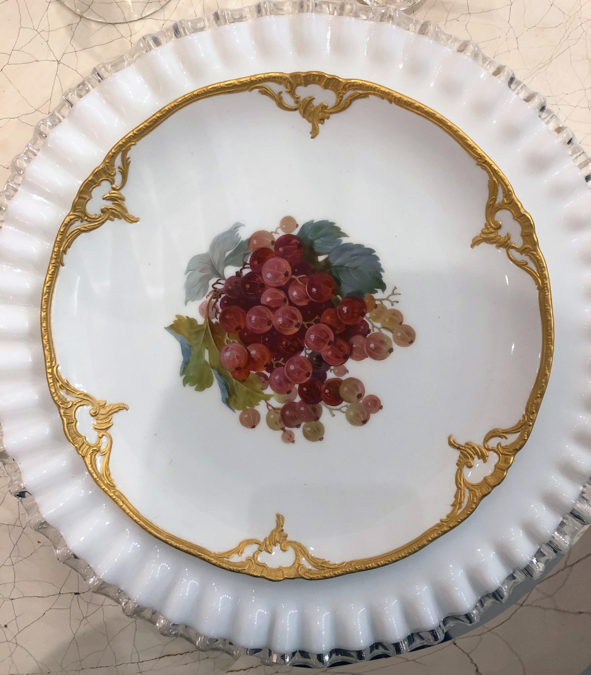 Set of Eight Porcelain Dessert Plates Depicting Fruit with 14k Gold Detail 4