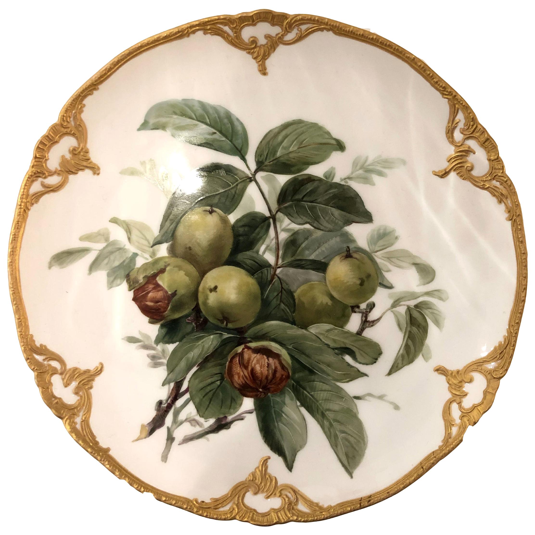 Set of Eight Porcelain Dessert Plates Depicting Fruit with 14k Gold Detail