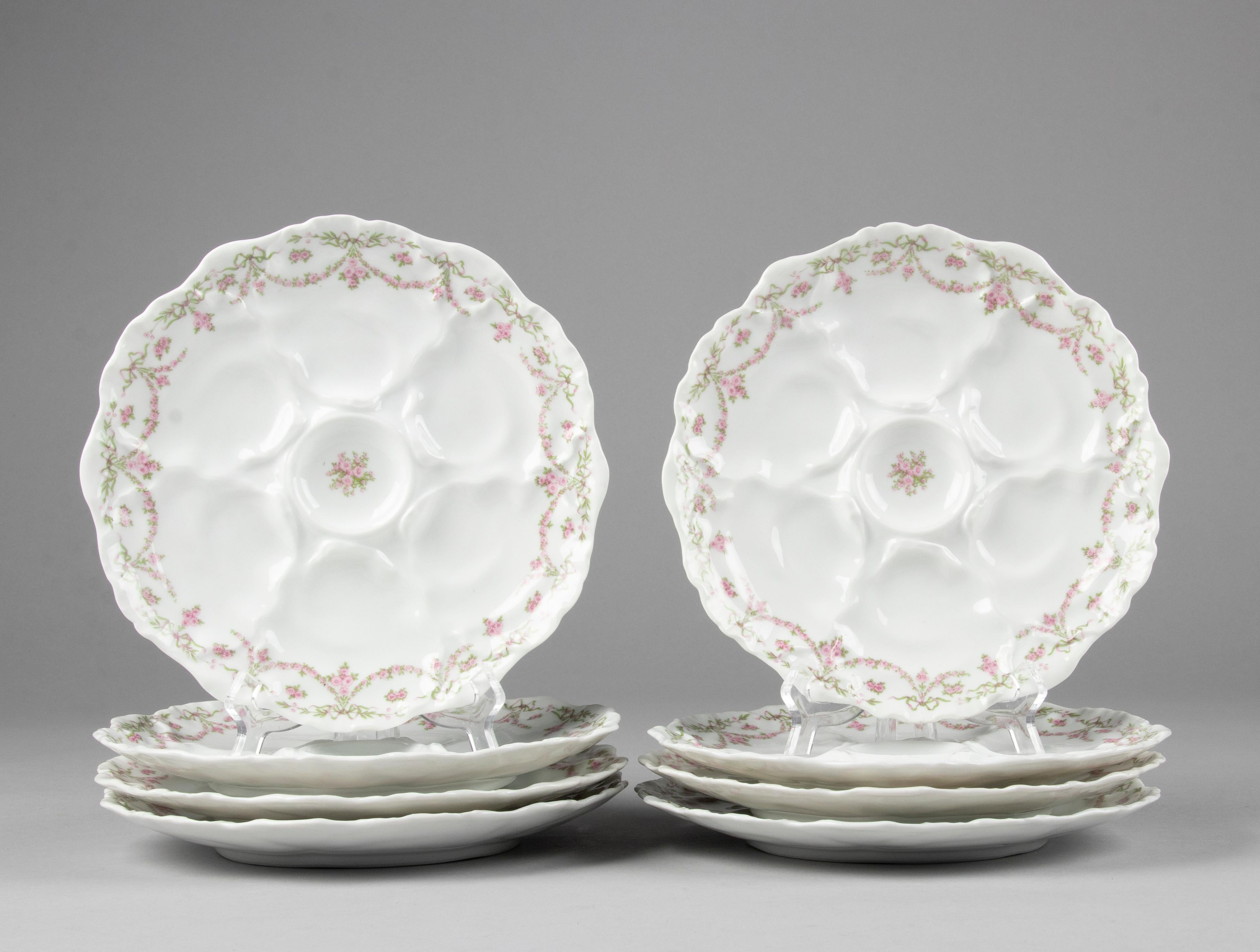 Romantic Set of 8 Porcelain Oyster Plates by Limoges