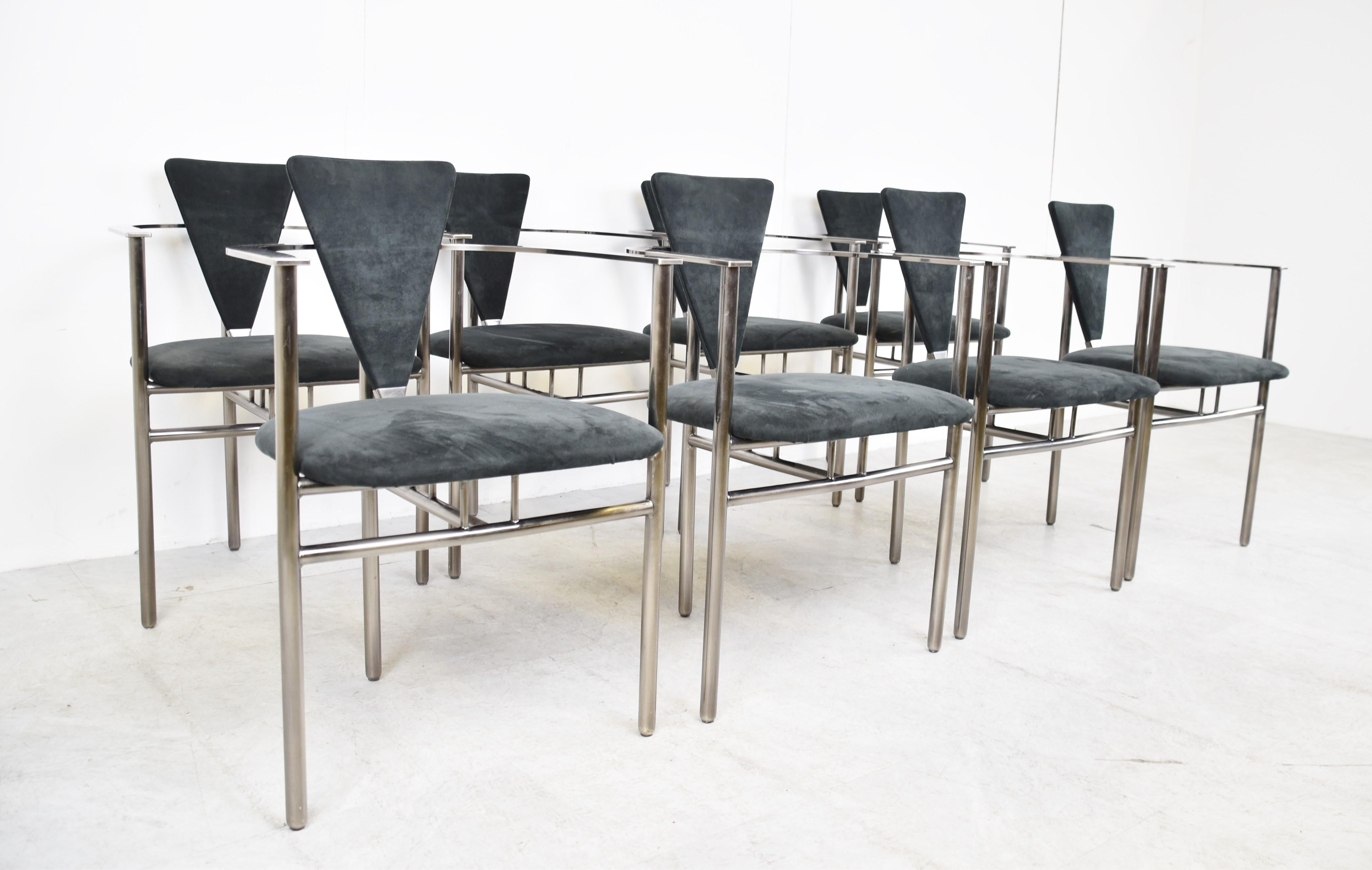 Brushed Set of 8 Post Modern Dining Chairs by Belgochrom, 1980s