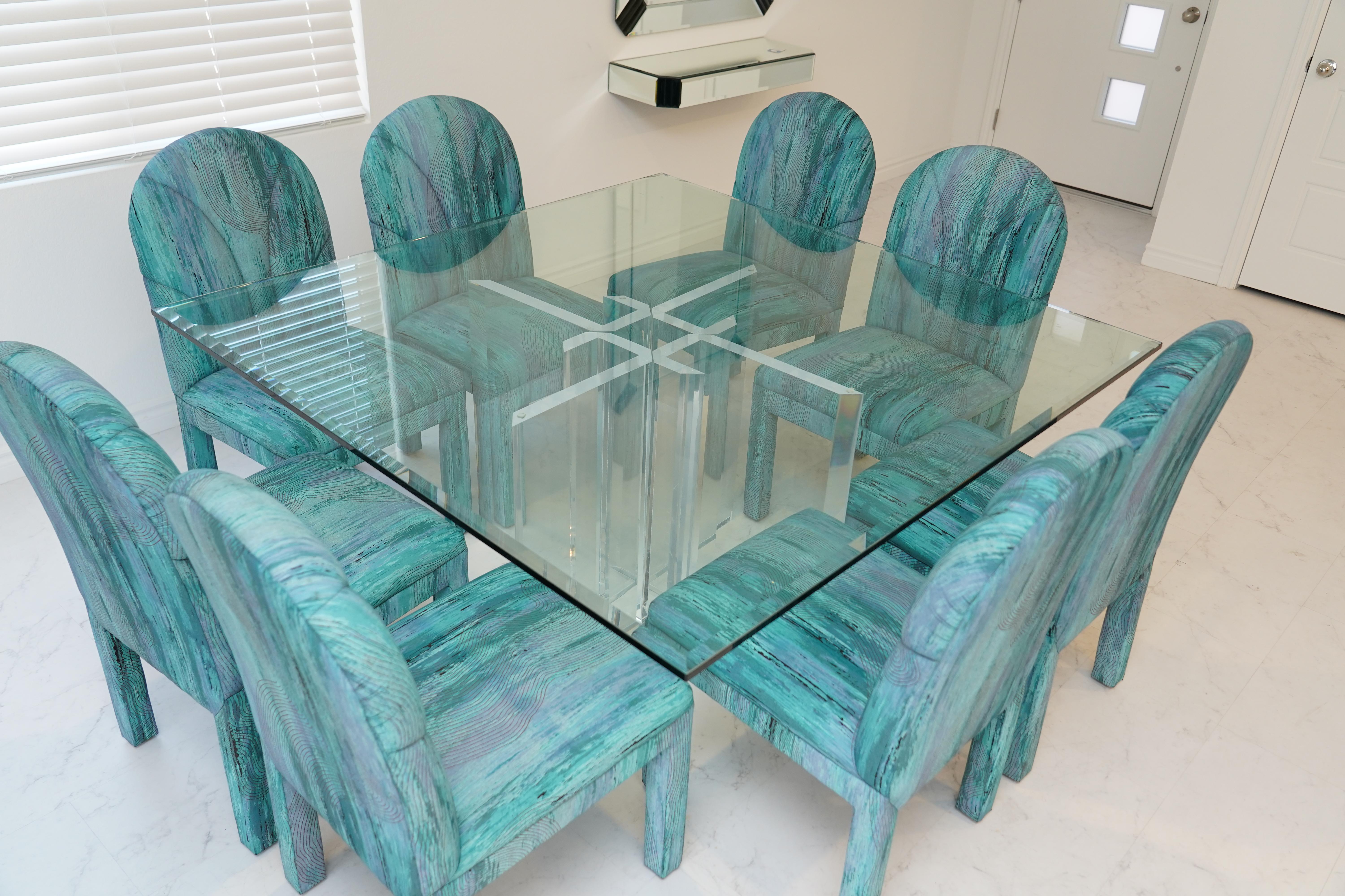 Conjunto de 8 sillas de comedor postmodernas en tapicería verde aguamarina, estilo Parsons en venta 3
