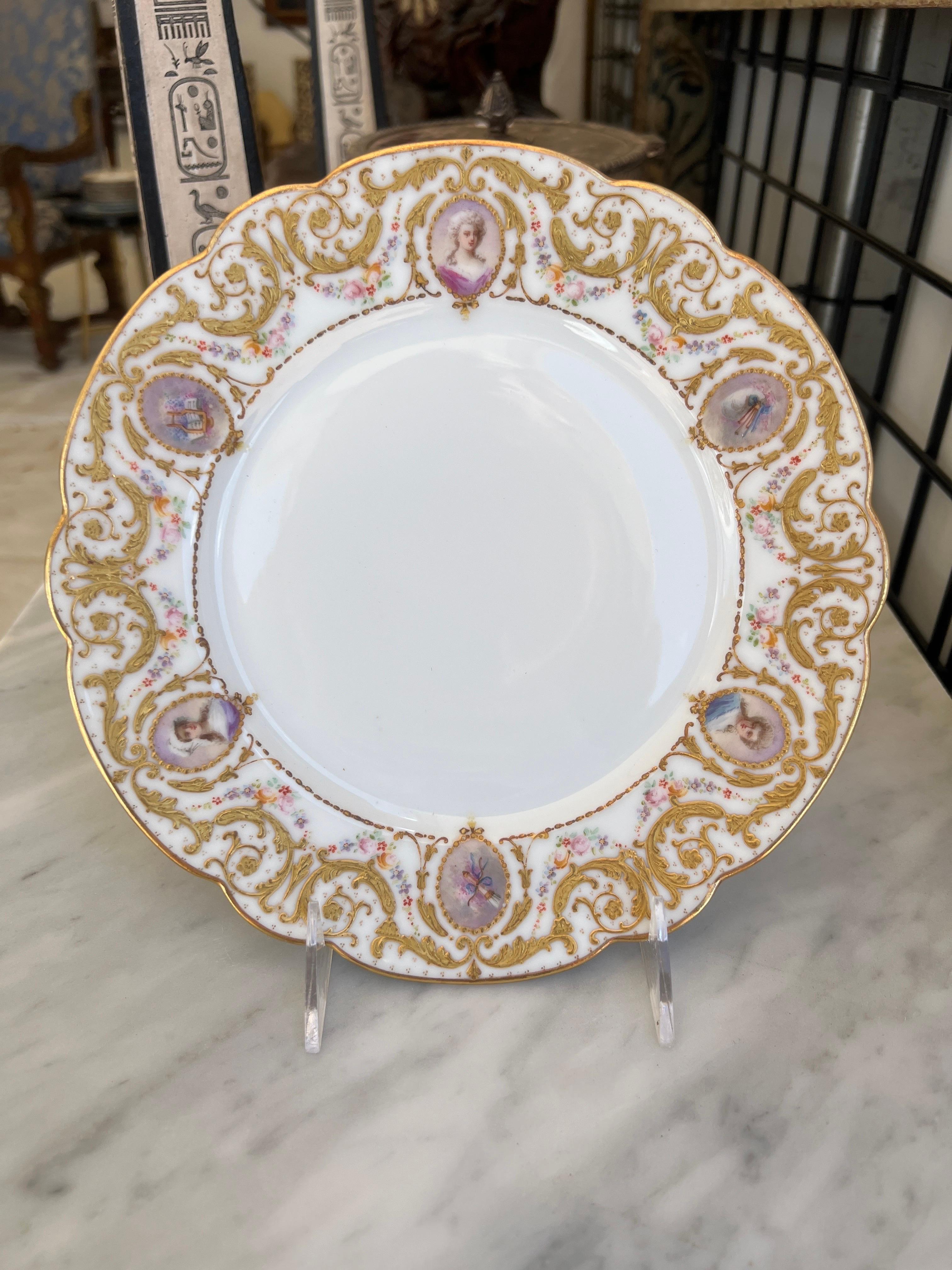 French origin, late 19th century and retailed by the great Raphael Weill & Company San Francisco. 

Each plate is meticulously hand enameled with gold, purple, blue and other polychromed motifs. With three important female figure windows and three