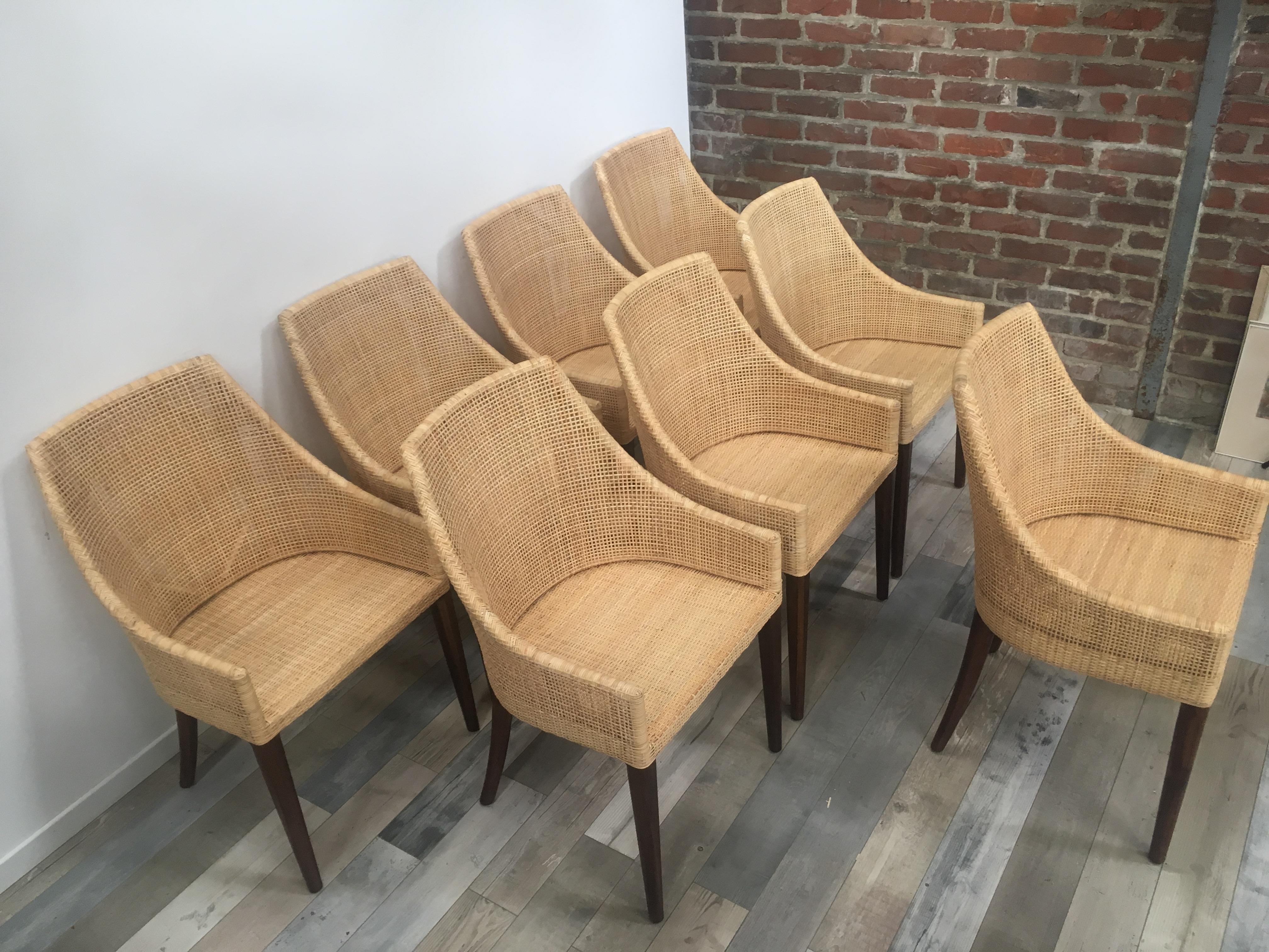 Set of 8 Rattan and Wooden Dining Chairs French Design For Sale 2
