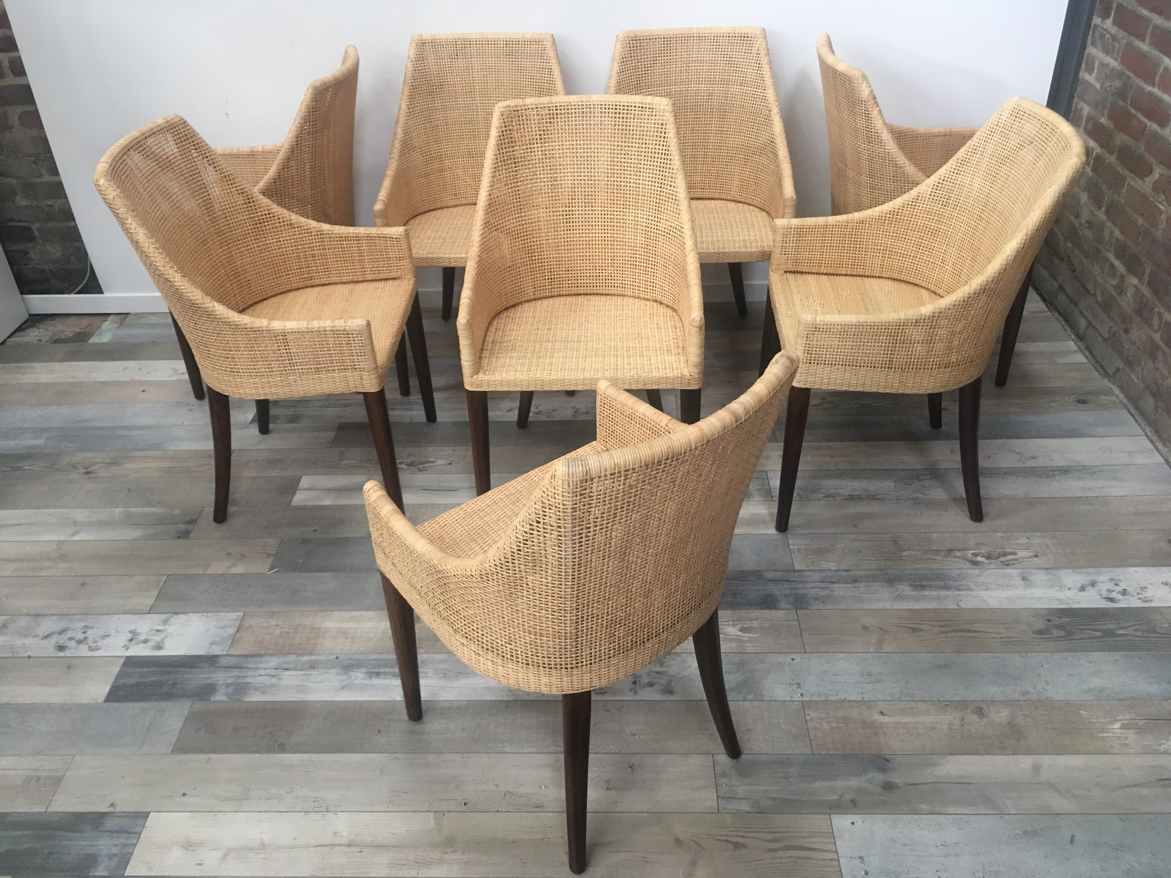 Set of 8 Rattan and Wooden Dining Chairs French Design For Sale 3