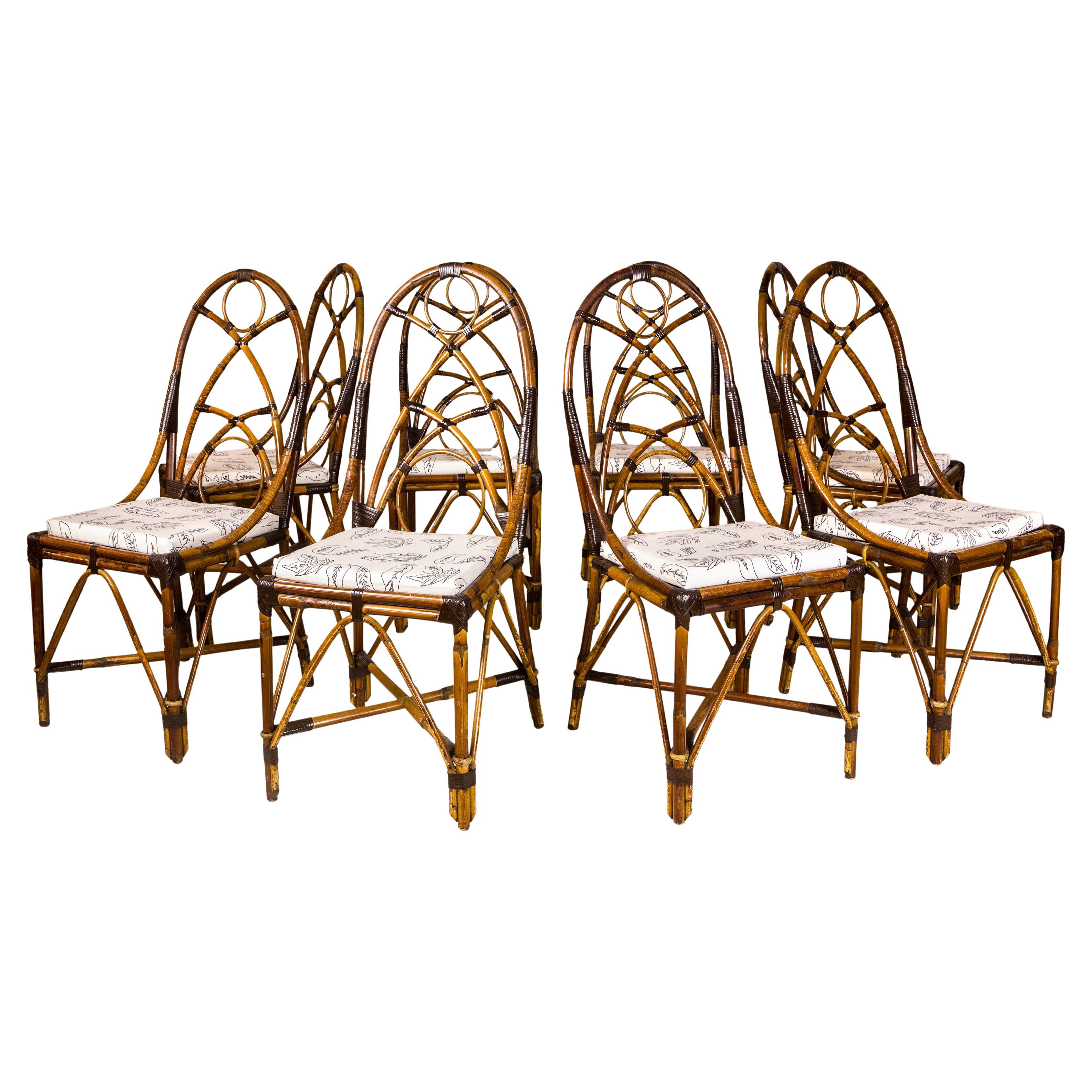 Set of 8 Rattan Dining Chair, Circa 1970, France