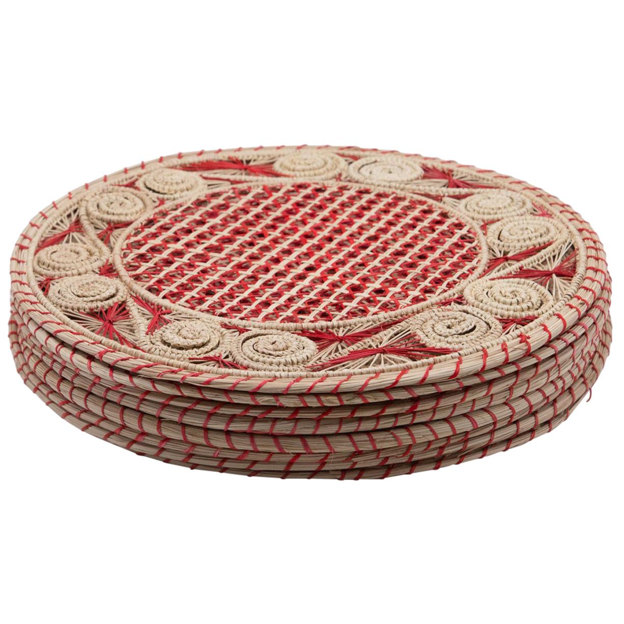 Set of 8 Red and Cream Round Iraca Fibre Placemats