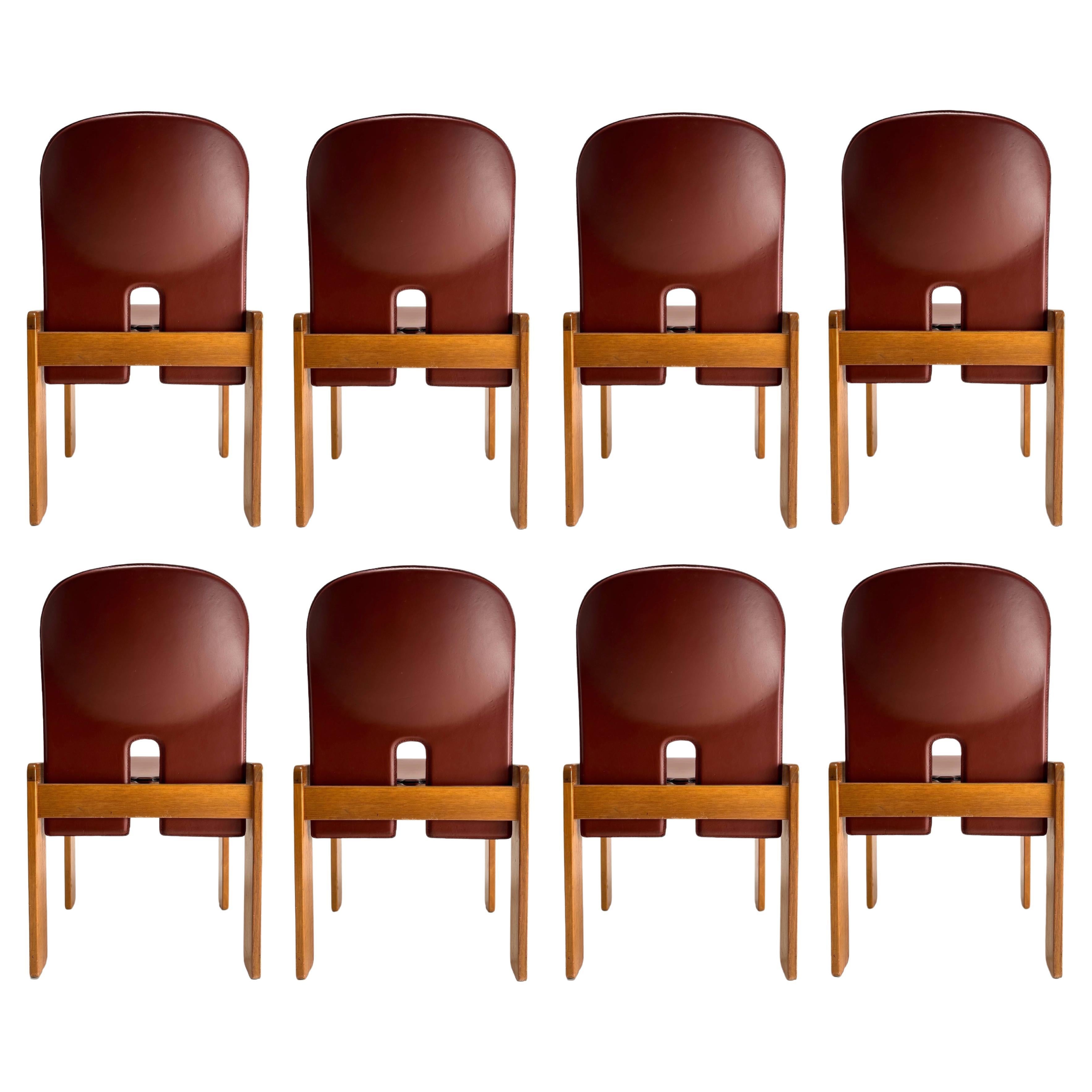8er-Set  Rote Lederstühle "121" von Tobia Scarpa für Cassina, Italien, 1967