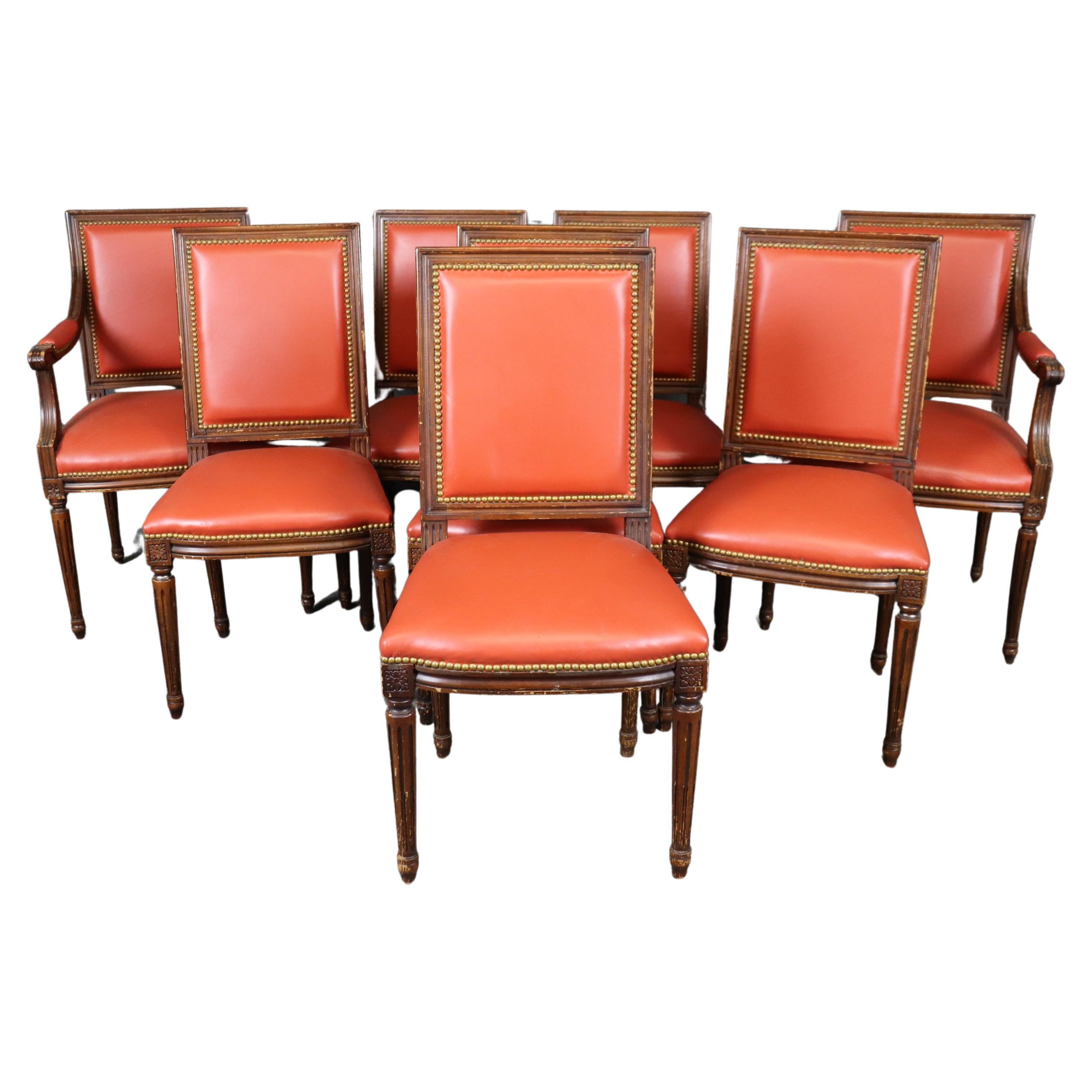Set of 8 Red Leather Brass Nailhead Trimmed French Louis XVI Dining Chairs
