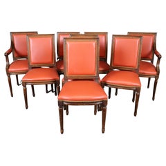 Set of 8 Red Leather Brass Nailhead Trimmed French Louis XVI Dining Chairs